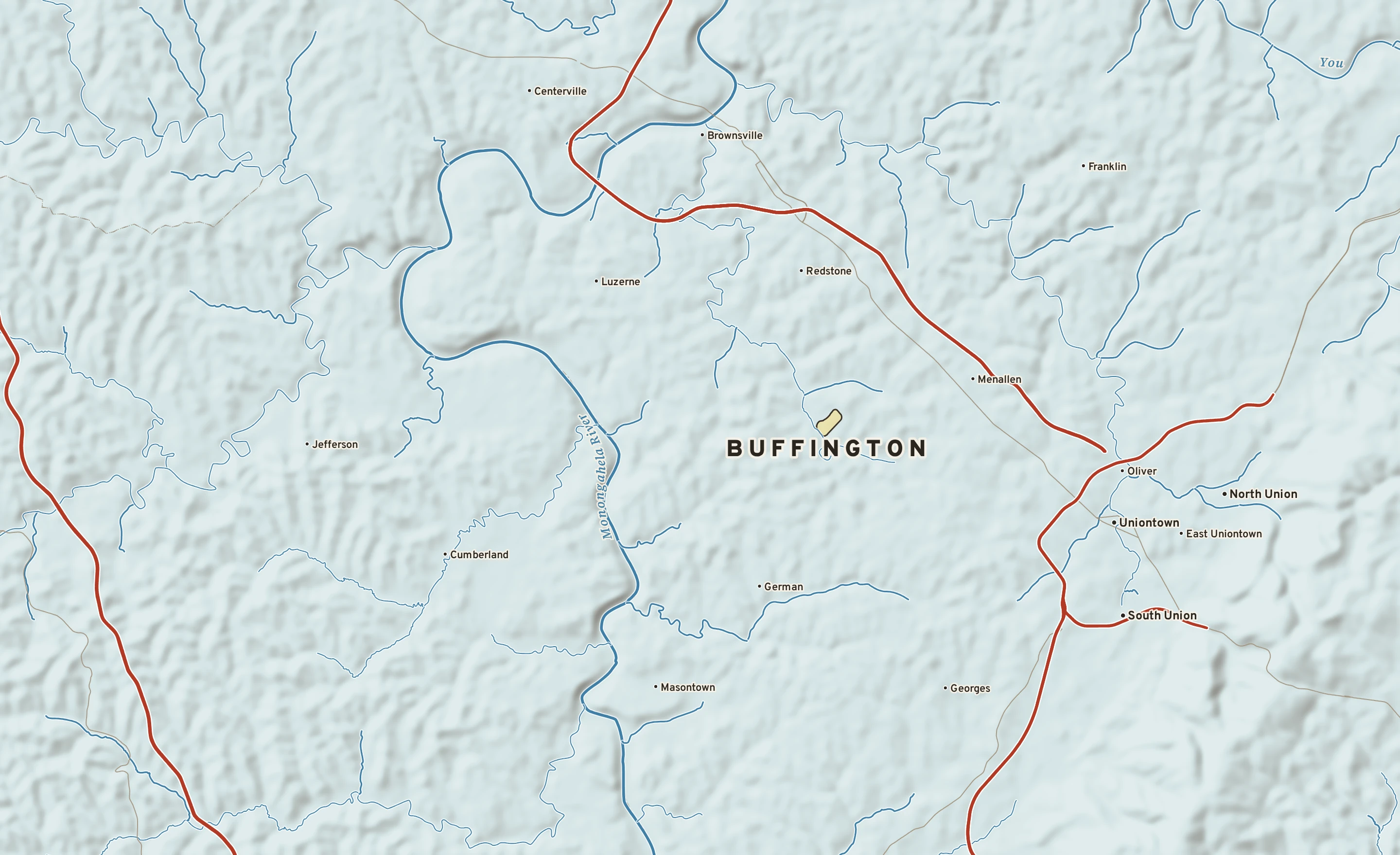 Shaded-relief atlas plate of Buffington, Pennsylvania: rivers, roads, the city limits and where the water drains.