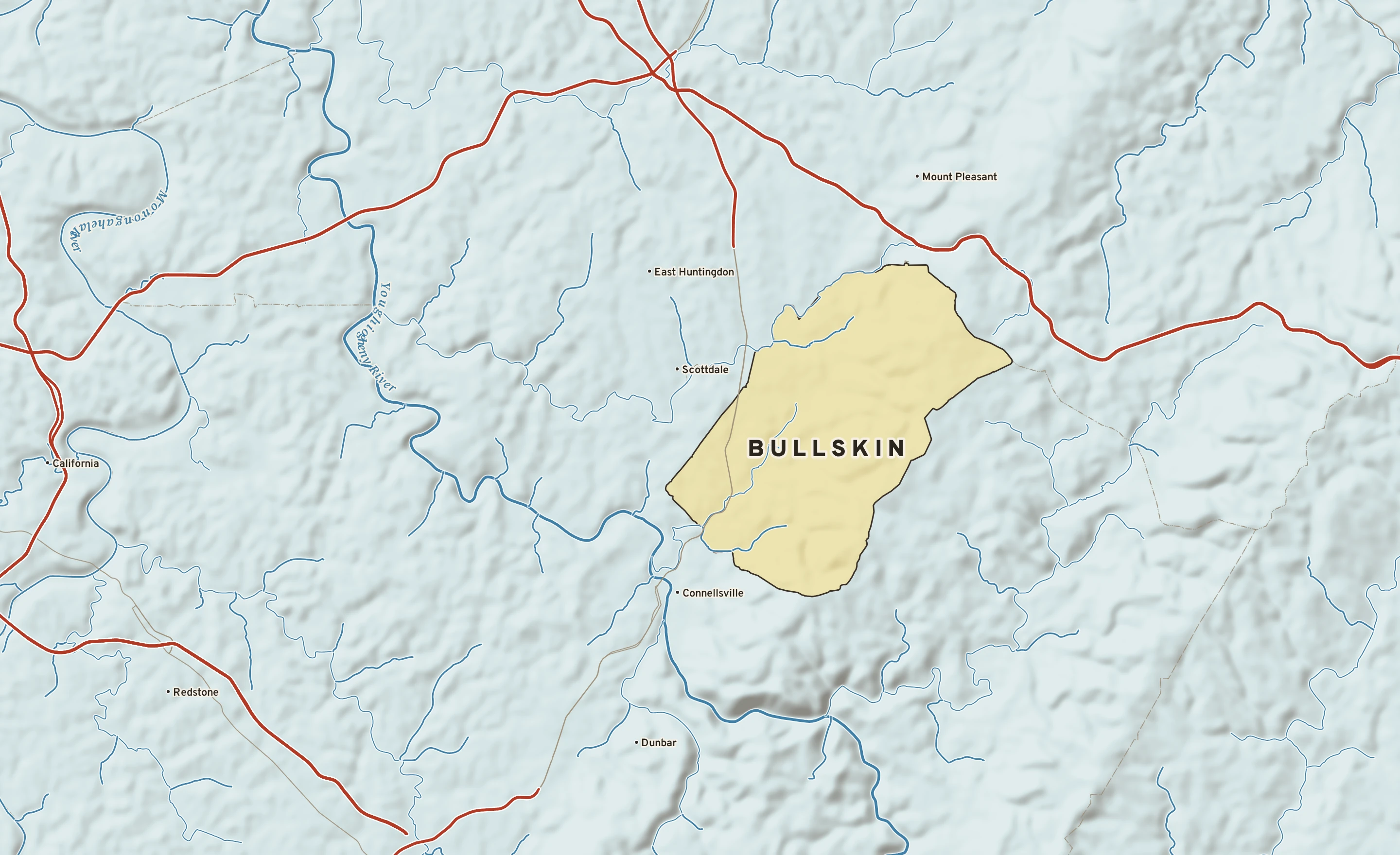 Shaded-relief atlas plate of Bullskin, Pennsylvania: rivers, roads, the city limits and where the water drains.