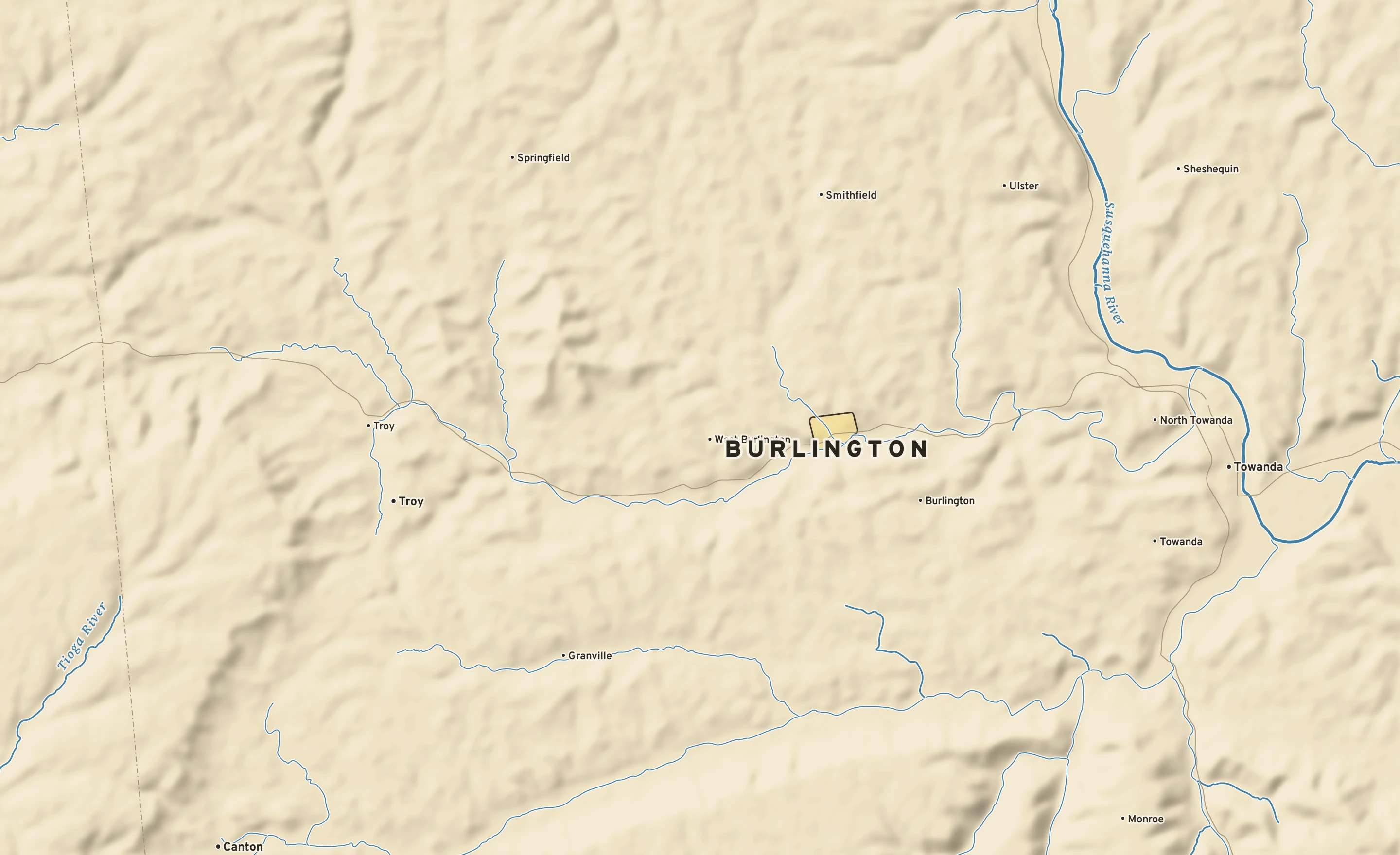 Shaded-relief atlas plate of Burlington, Pennsylvania: rivers, roads, the city limits and where the water drains.