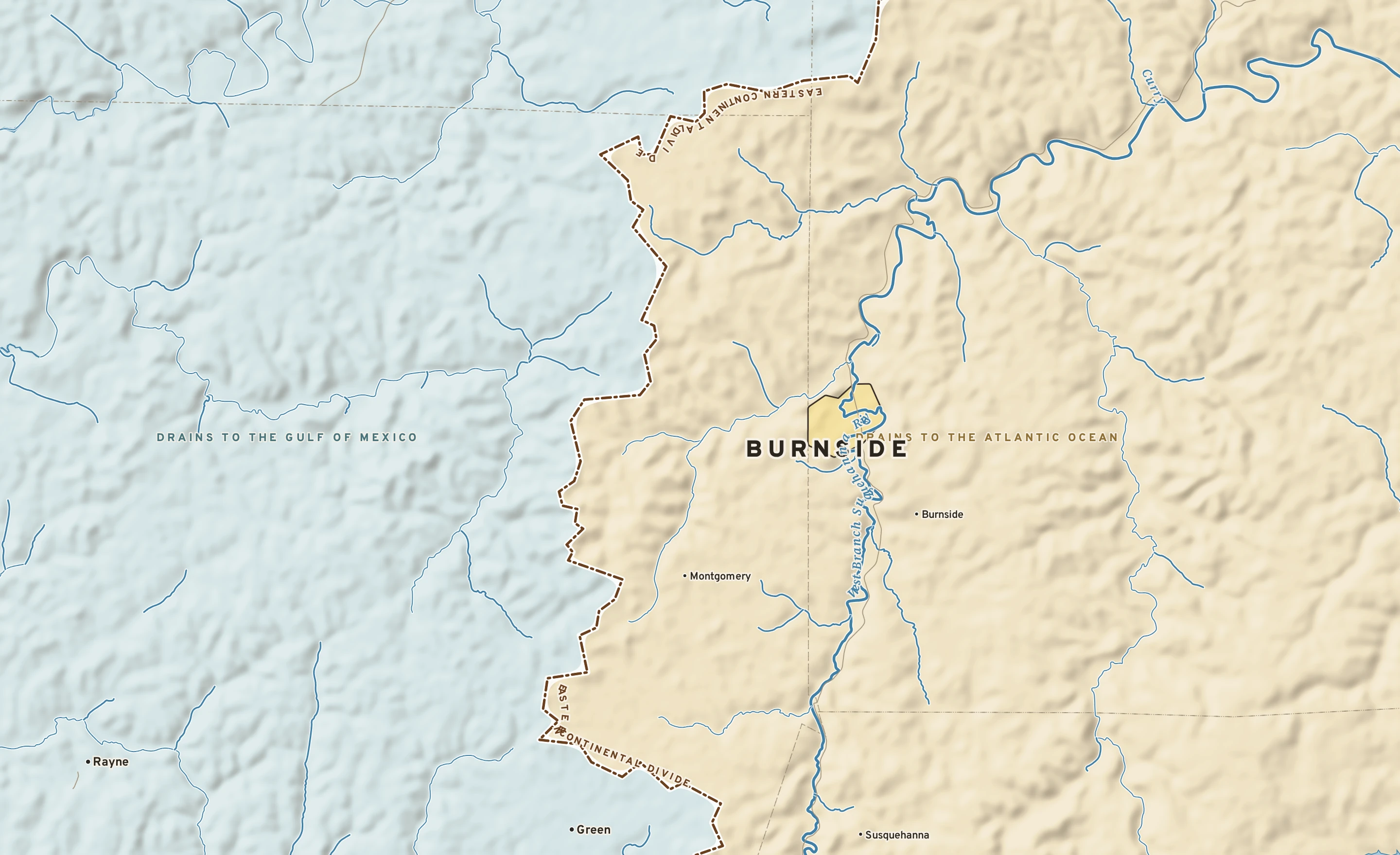 Shaded-relief atlas plate of Burnside, Pennsylvania: rivers, roads, the city limits and where the water drains.
