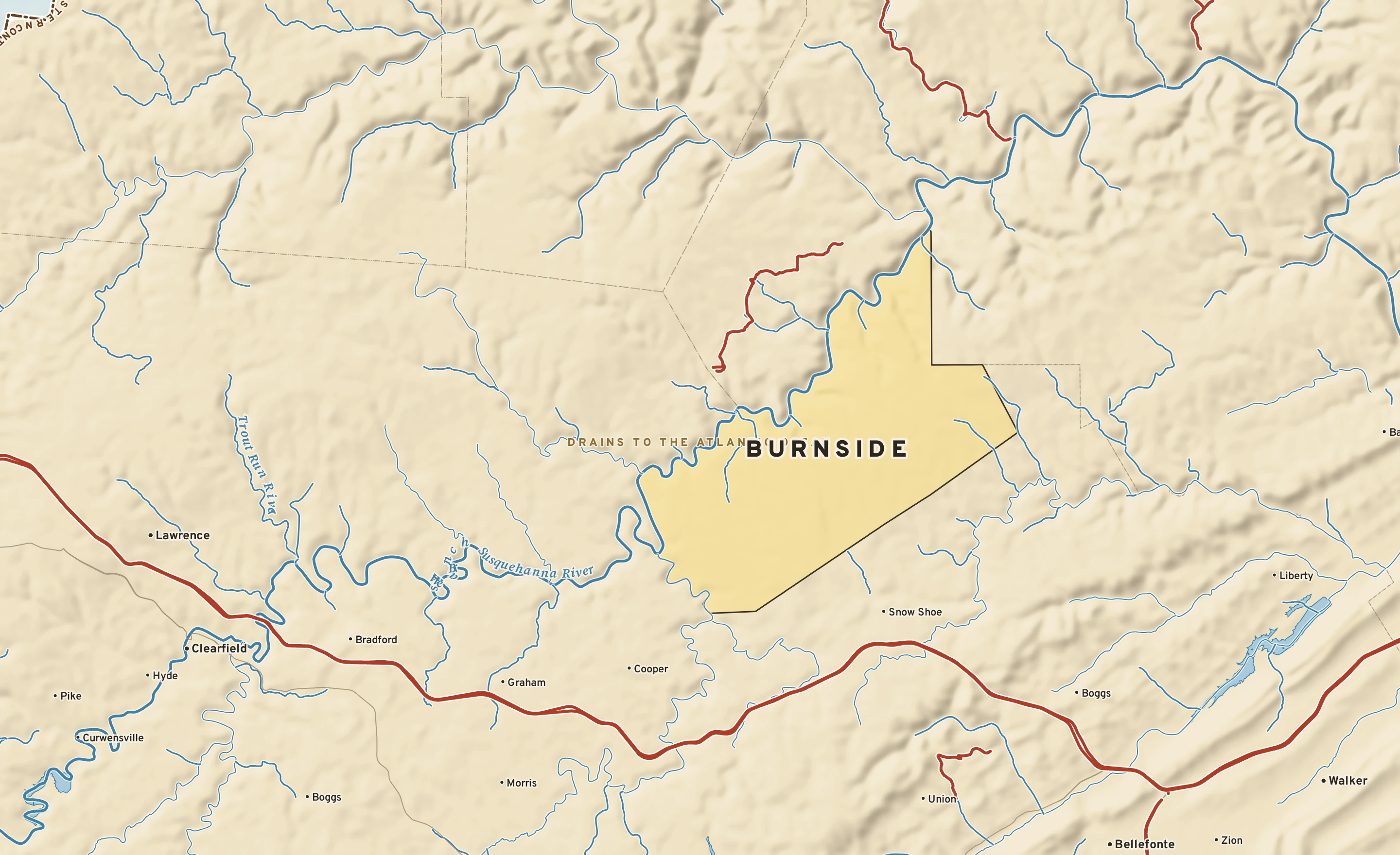 Shaded-relief atlas plate of Burnside, Pennsylvania: rivers, roads, the city limits and where the water drains.