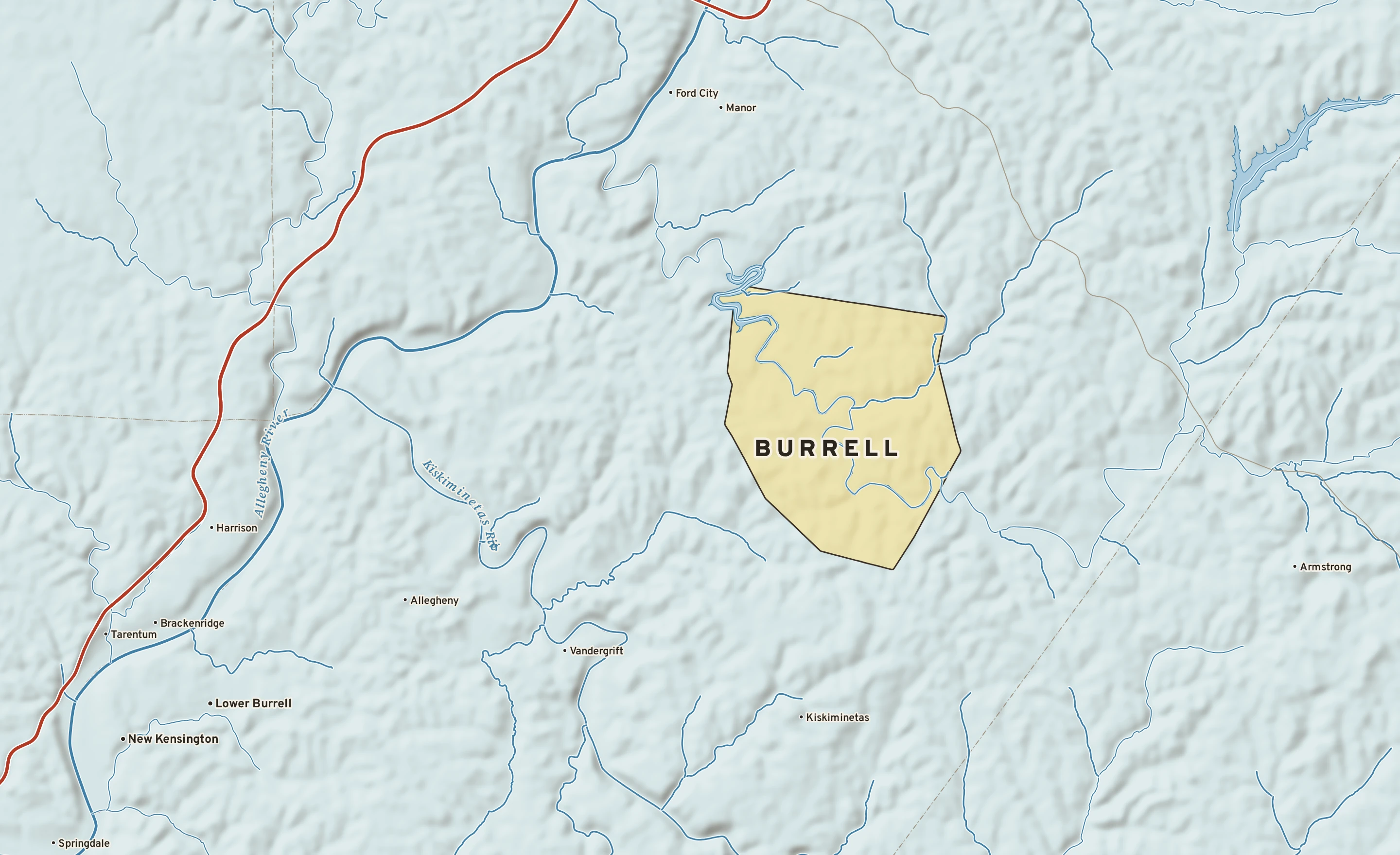 Shaded-relief atlas plate of Burrell, Pennsylvania: rivers, roads, the city limits and where the water drains.
