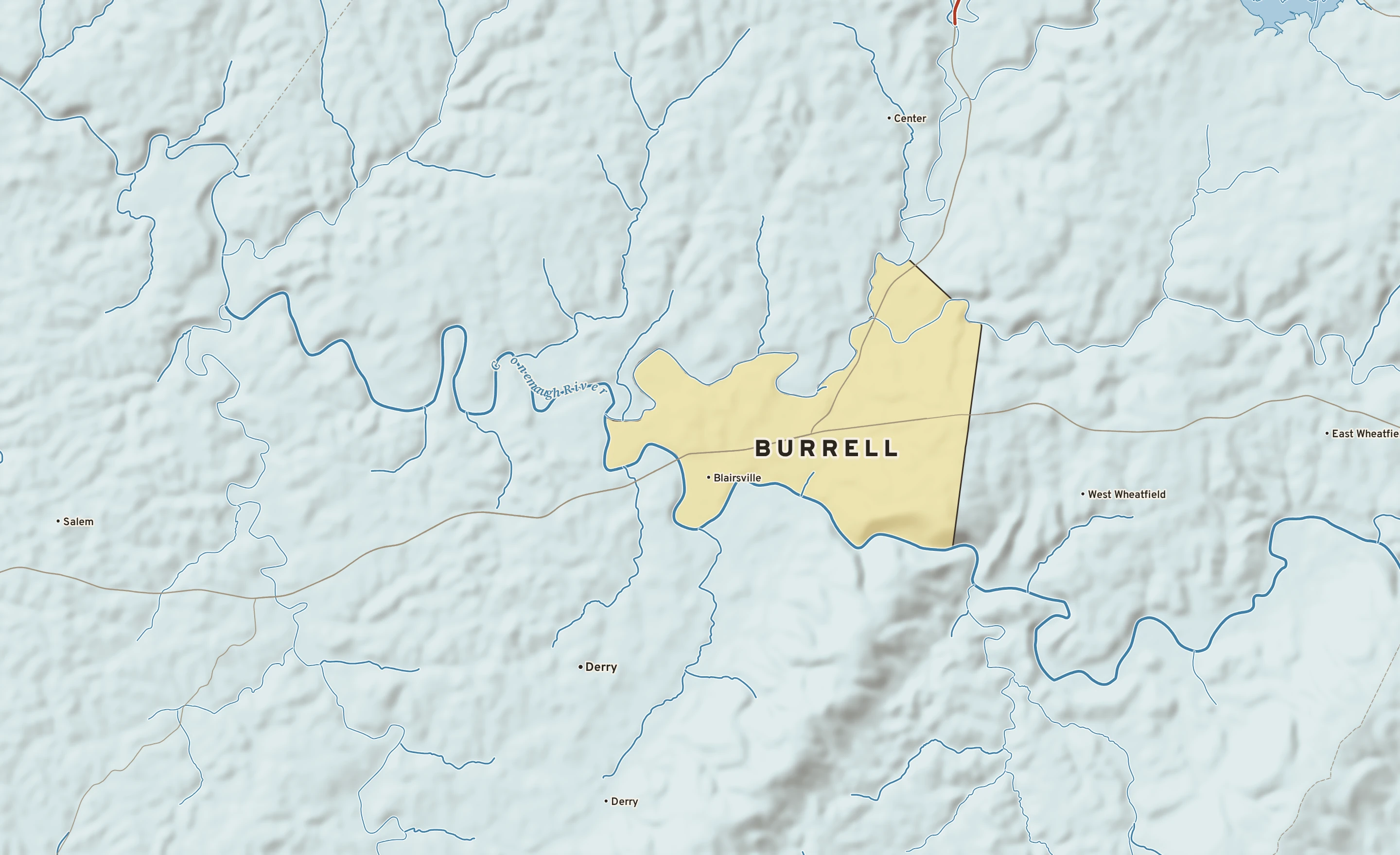 Shaded-relief atlas plate of Burrell, Pennsylvania: rivers, roads, the city limits and where the water drains.