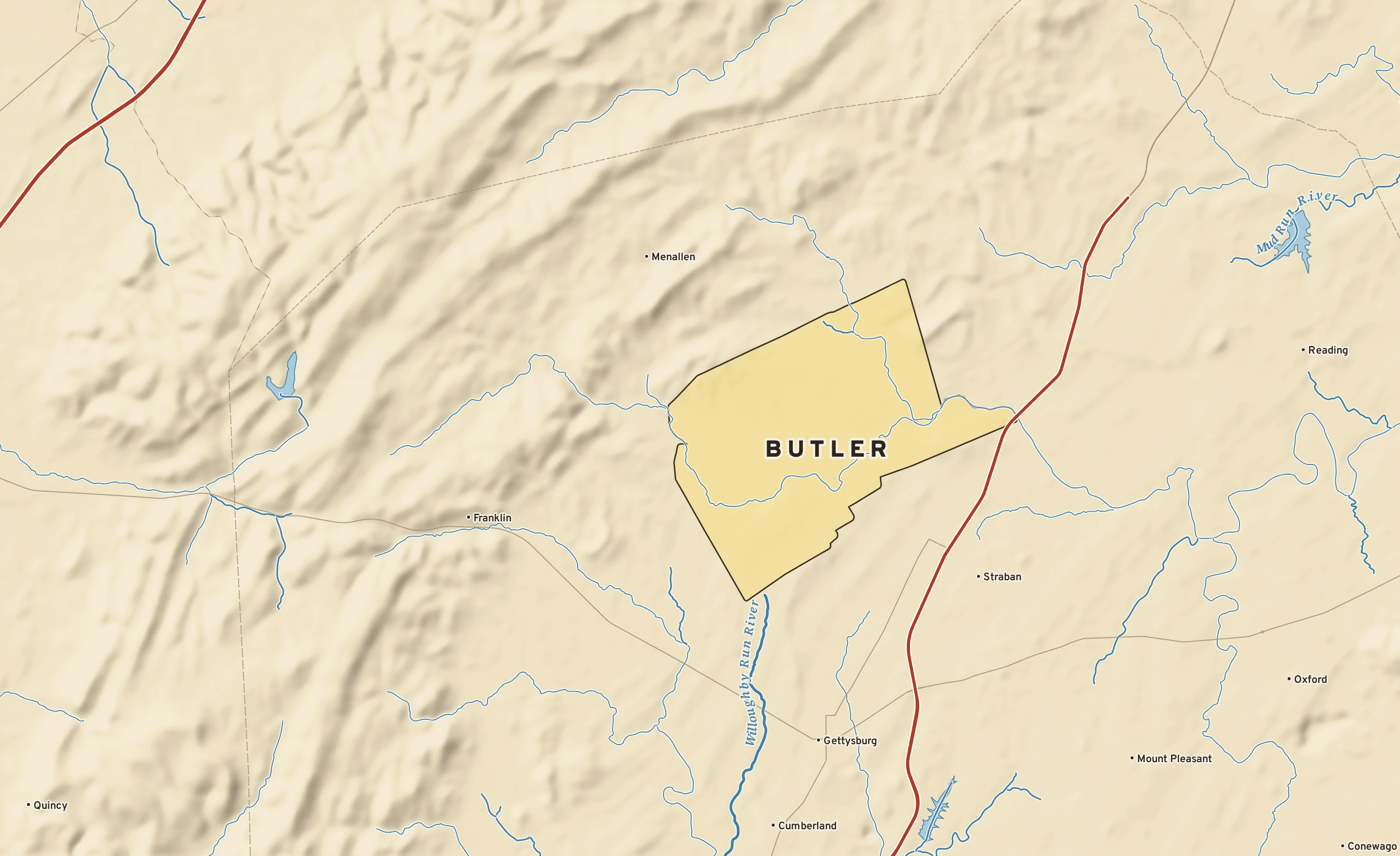 Shaded-relief atlas plate of Butler, Pennsylvania: rivers, roads, the city limits and where the water drains.