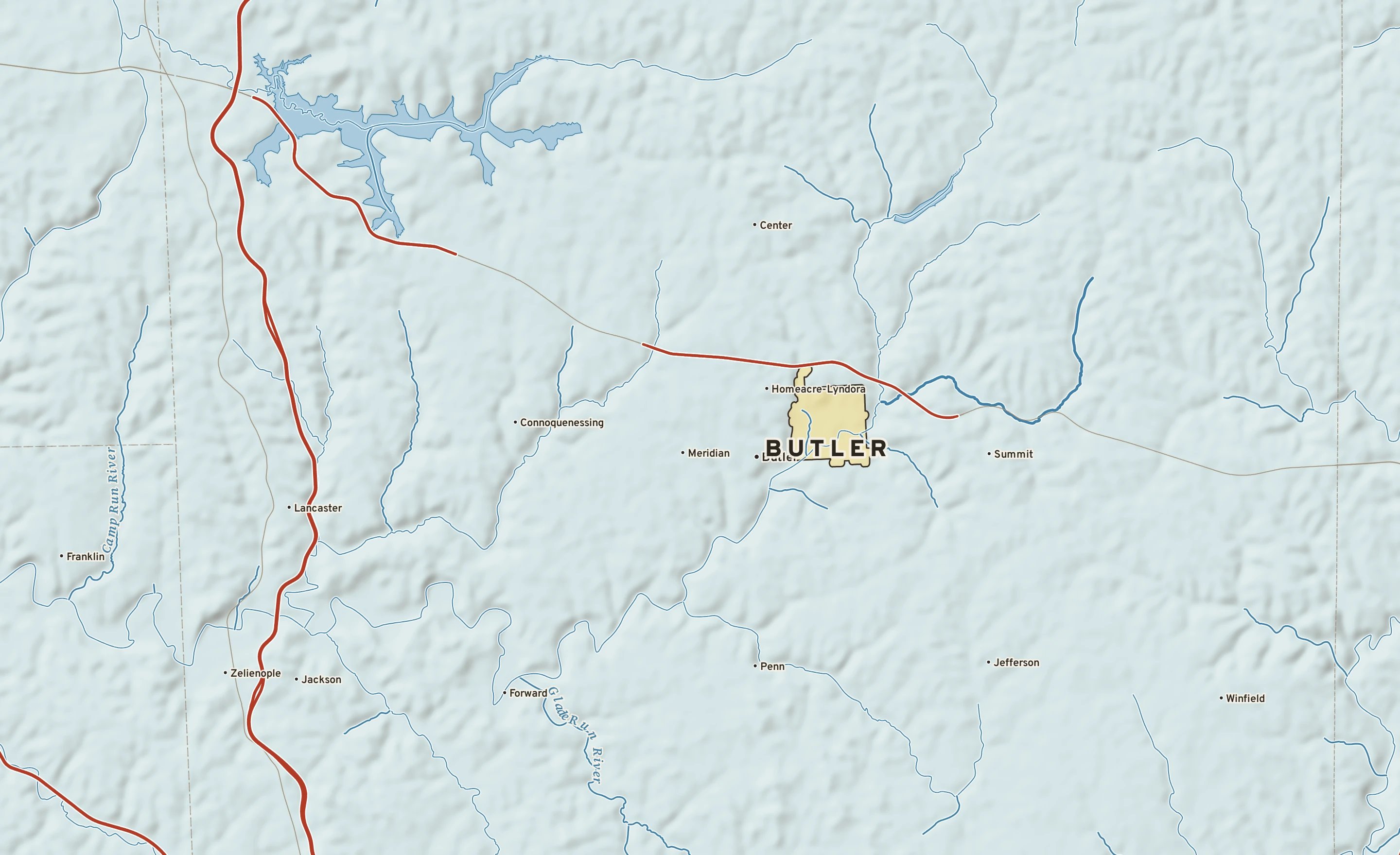 Shaded-relief atlas plate of Butler, Pennsylvania: rivers, roads, the city limits and where the water drains.