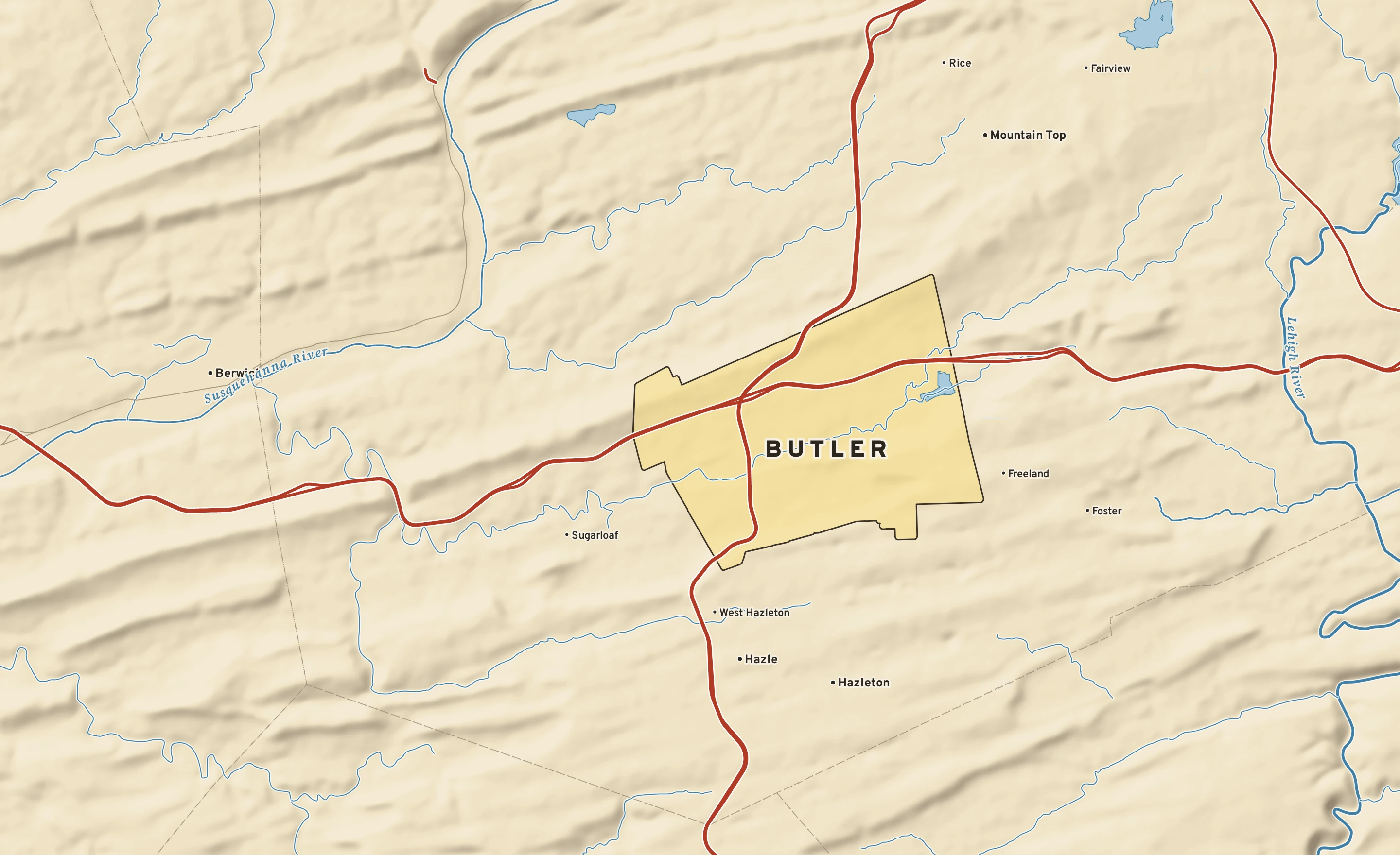 Shaded-relief atlas plate of Butler, Pennsylvania: rivers, roads, the city limits and where the water drains.