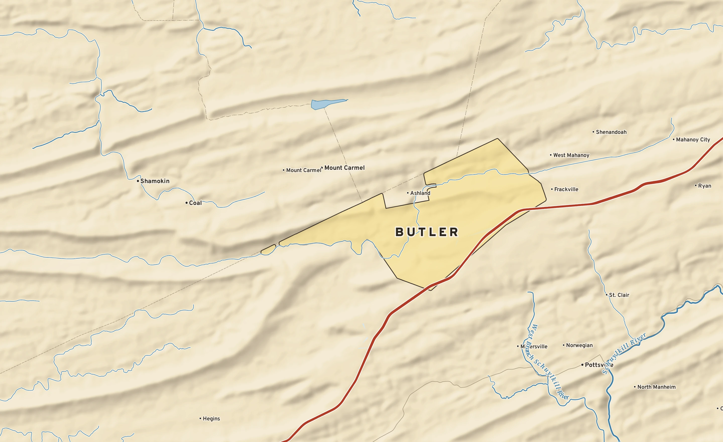 Shaded-relief atlas plate of Butler, Pennsylvania: rivers, roads, the city limits and where the water drains.