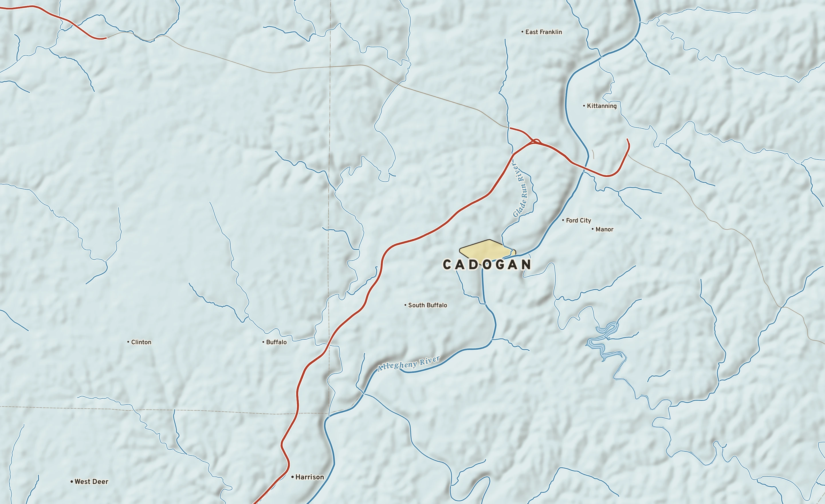 Shaded-relief atlas plate of Cadogan, Pennsylvania: rivers, roads, the city limits and where the water drains.