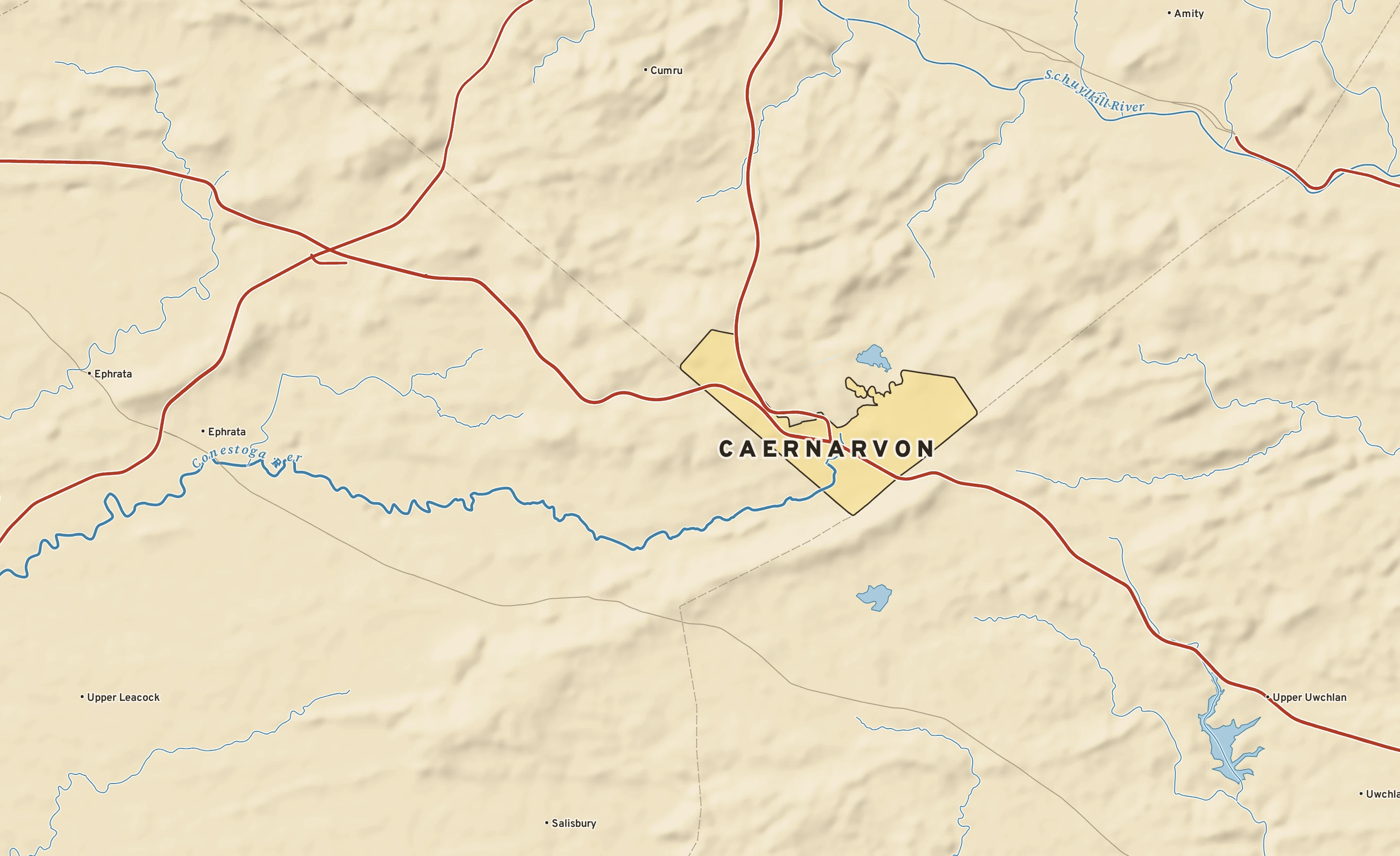 Shaded-relief atlas plate of Caernarvon, Pennsylvania: rivers, roads, the city limits and where the water drains.