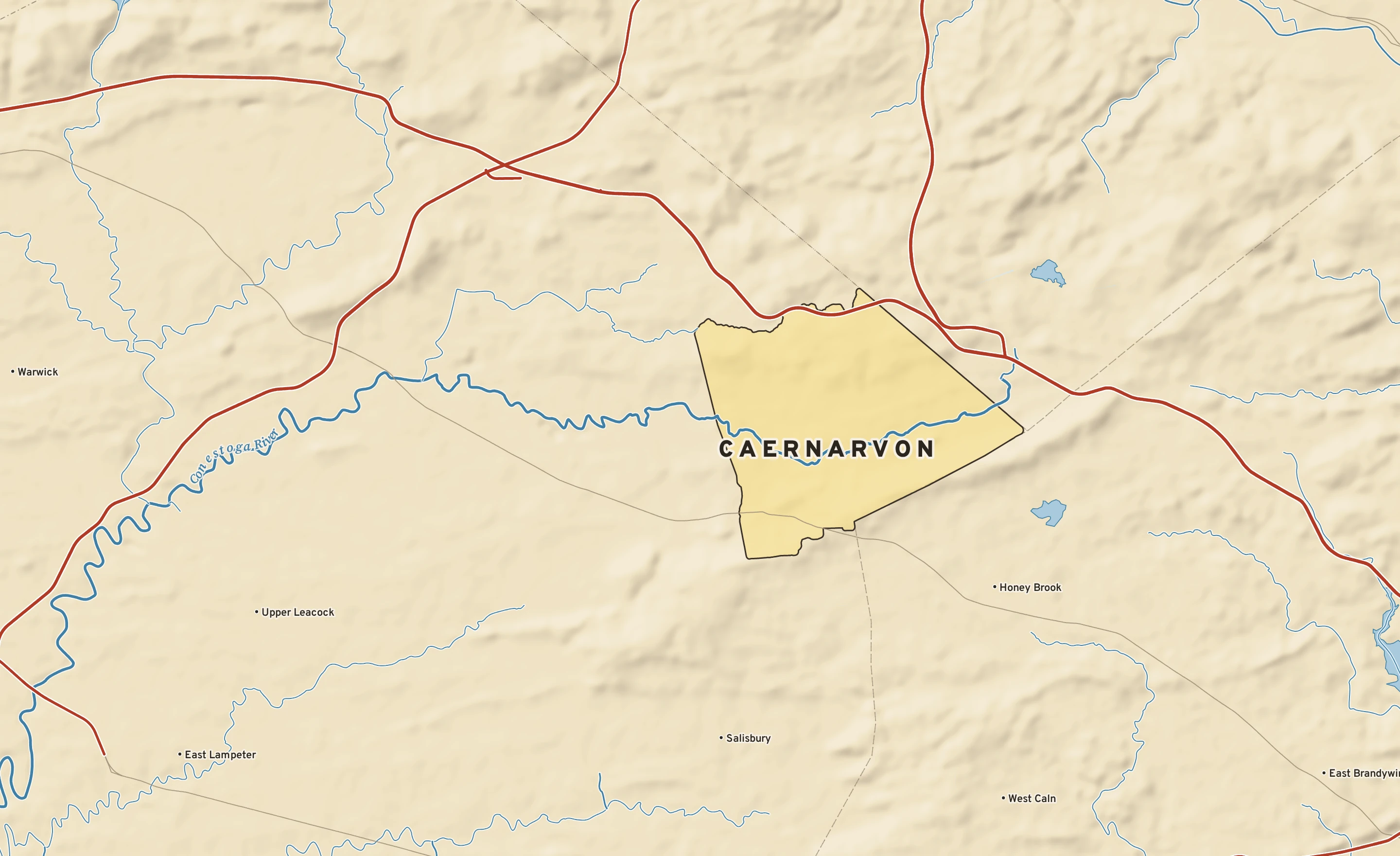 Shaded-relief atlas plate of Caernarvon, Pennsylvania: rivers, roads, the city limits and where the water drains.