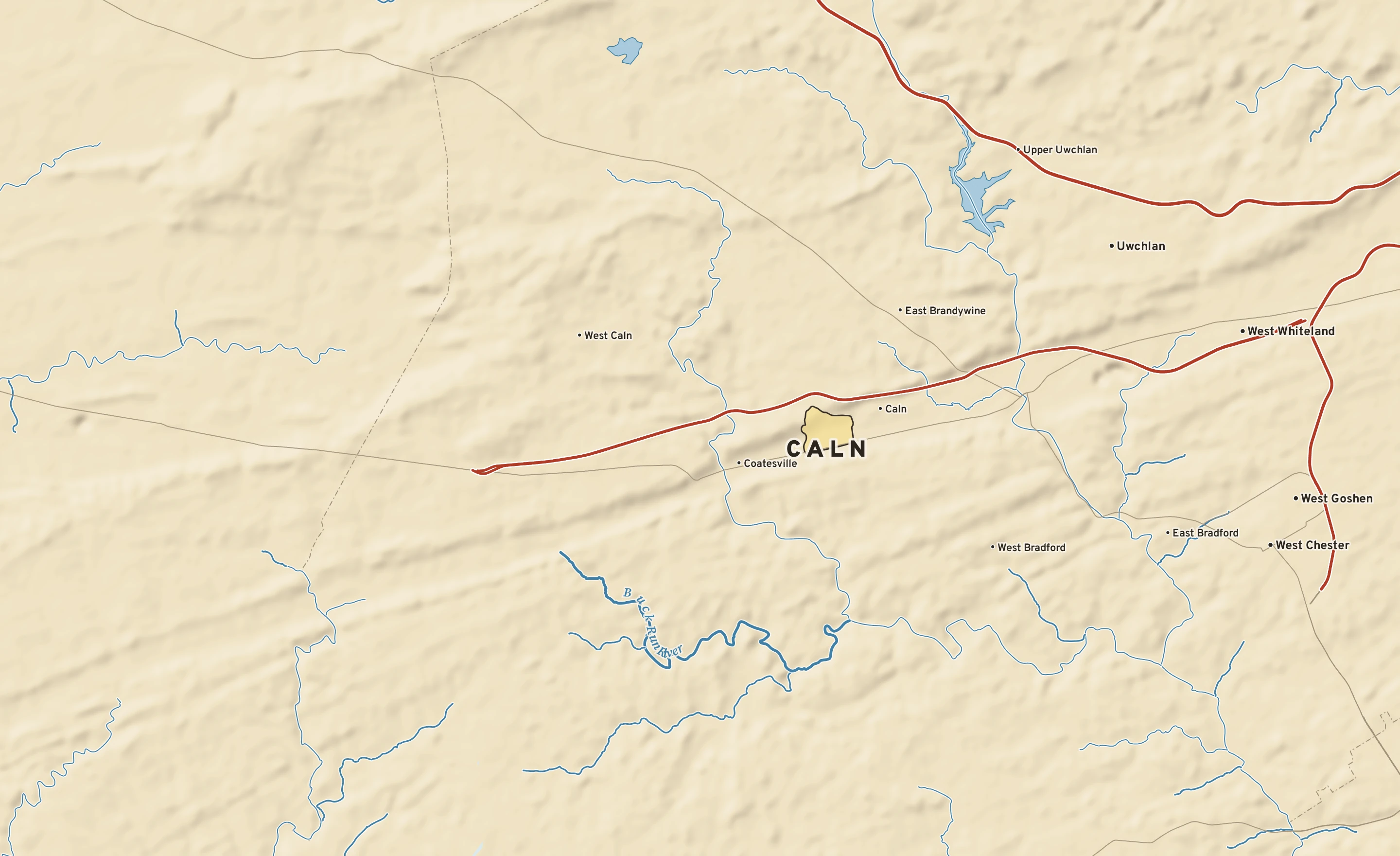 Shaded-relief atlas plate of Caln, Pennsylvania: rivers, roads, the city limits and where the water drains.
