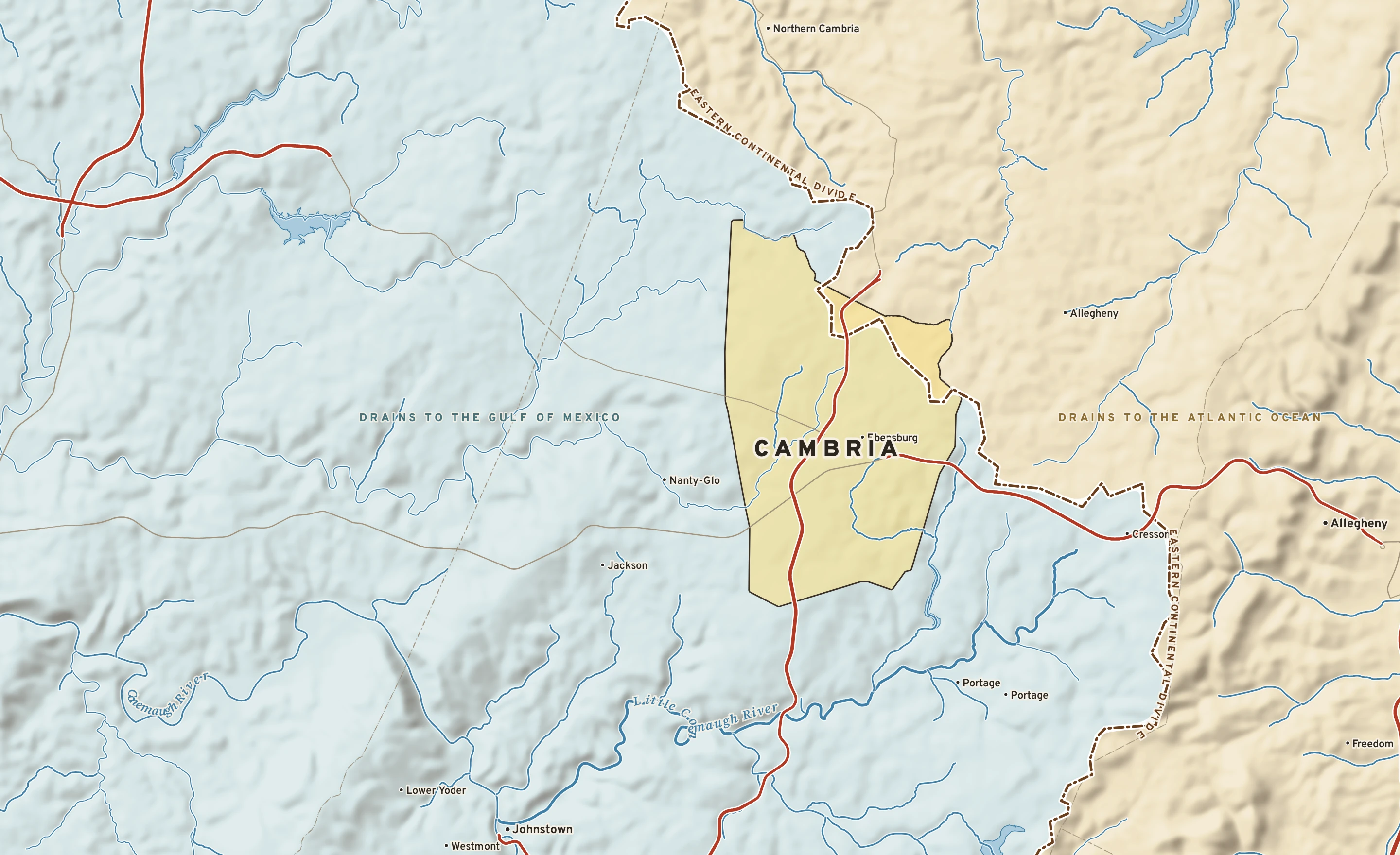 Shaded-relief atlas plate of Cambria, Pennsylvania: rivers, roads, the city limits and where the water drains.