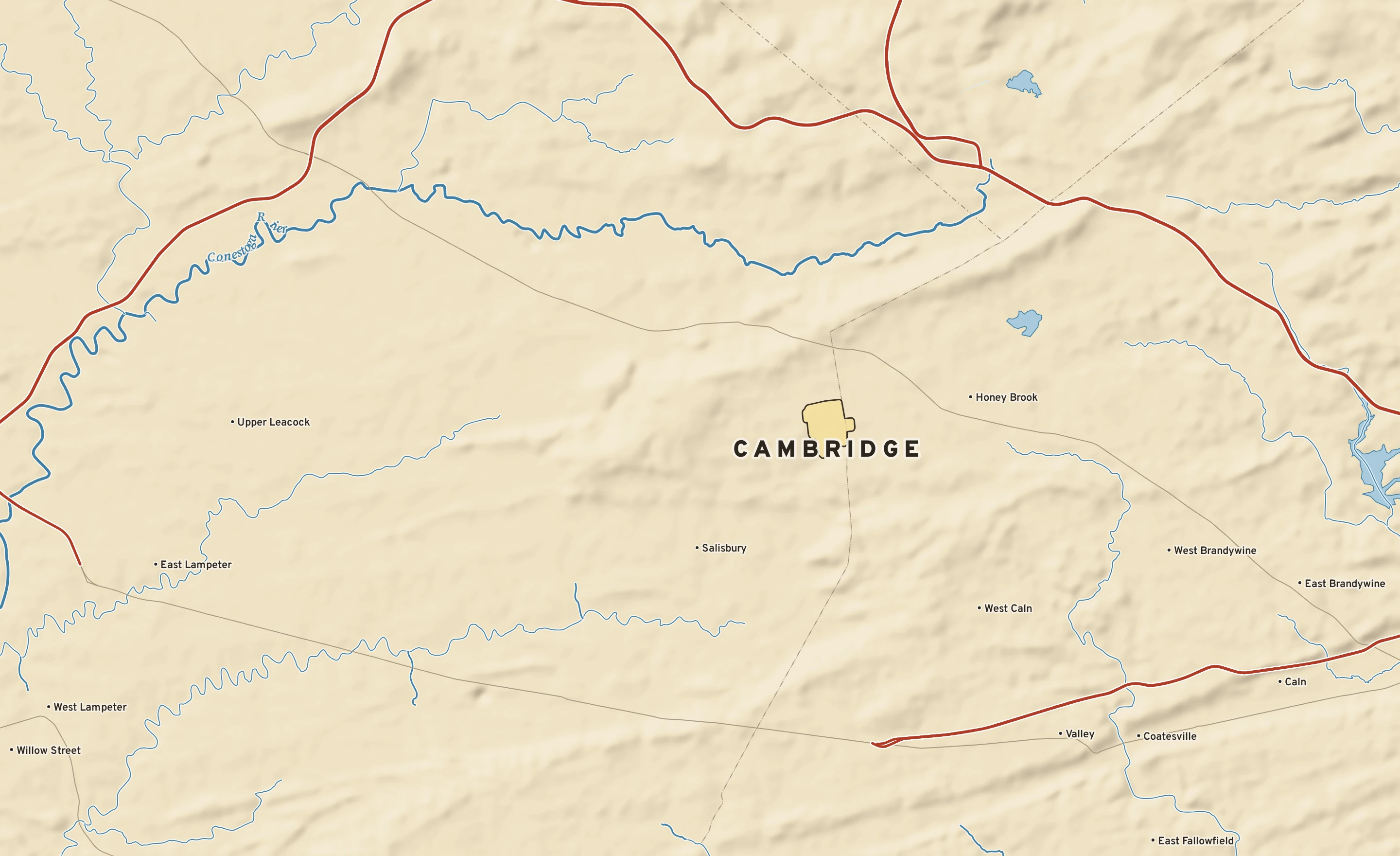 Shaded-relief atlas plate of Cambridge, Pennsylvania: rivers, roads, the city limits and where the water drains.