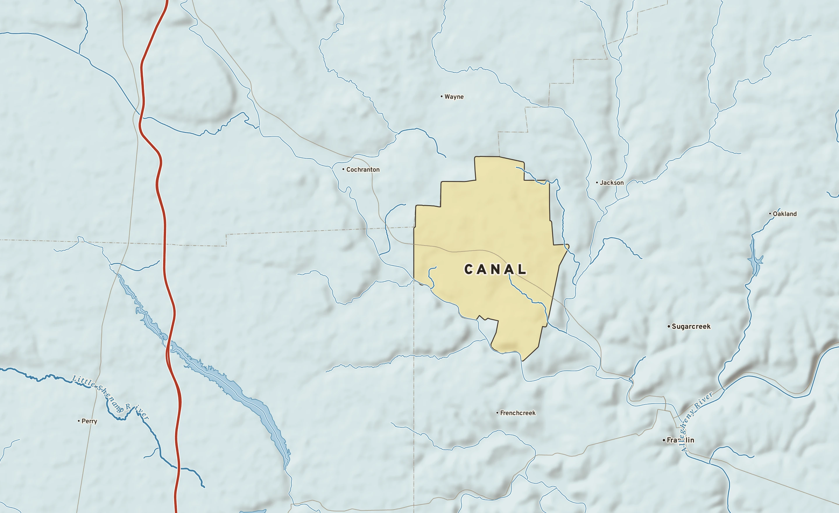 Shaded-relief atlas plate of Canal, Pennsylvania: rivers, roads, the city limits and where the water drains.