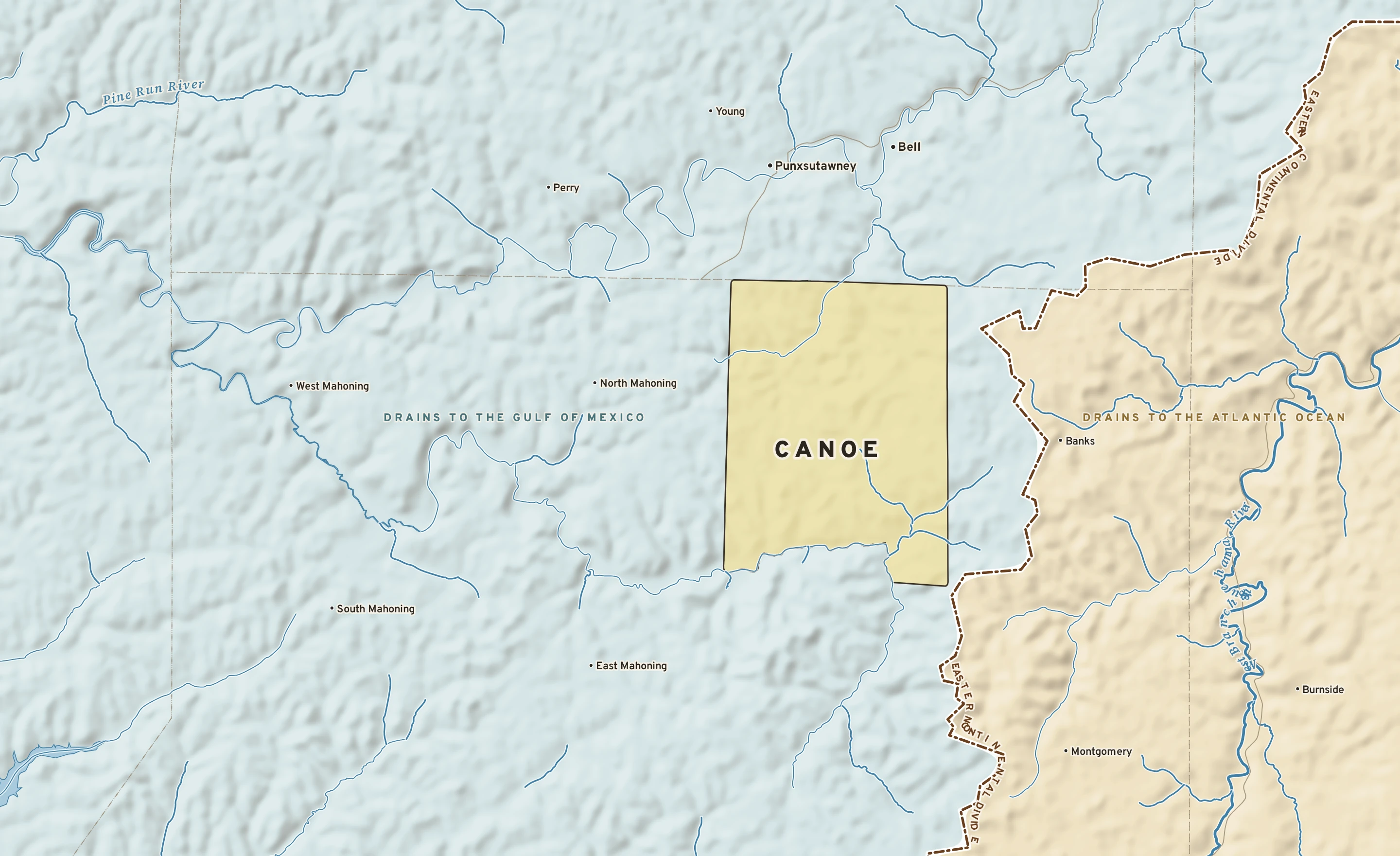 Shaded-relief atlas plate of Canoe, Pennsylvania: rivers, roads, the city limits and where the water drains.