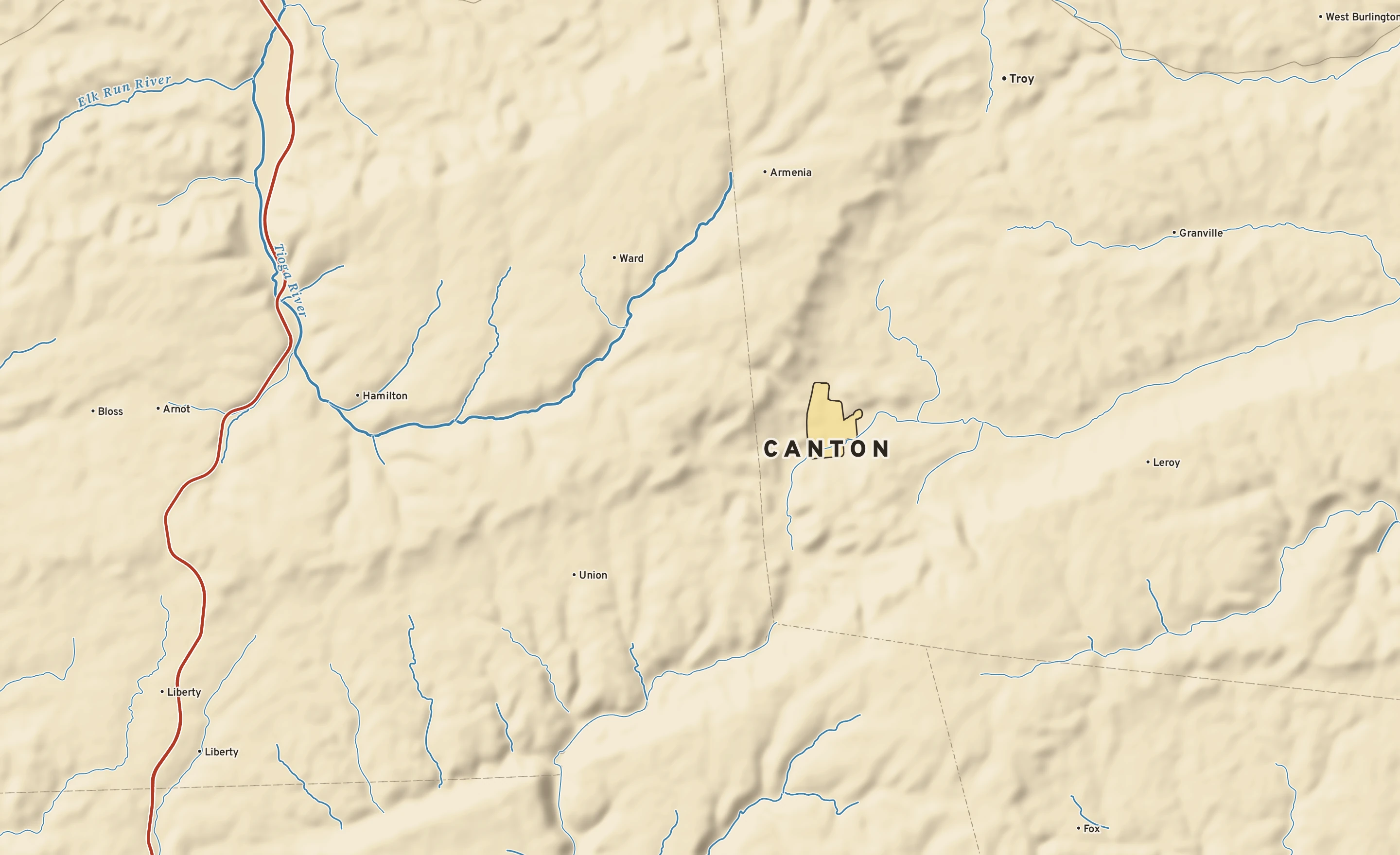 Shaded-relief atlas plate of Canton, Pennsylvania: rivers, roads, the city limits and where the water drains.