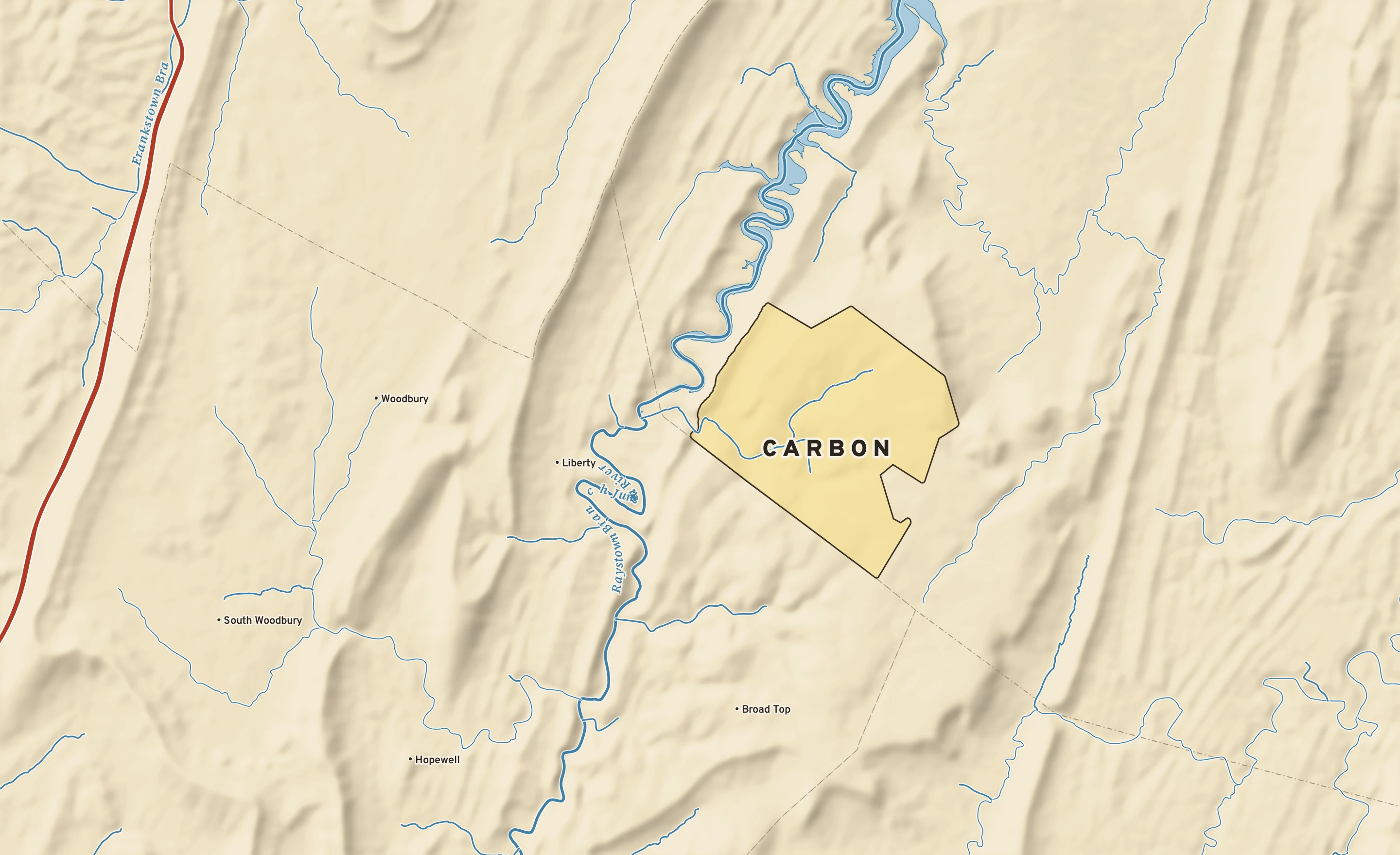 Shaded-relief atlas plate of Carbon, Pennsylvania: rivers, roads, the city limits and where the water drains.