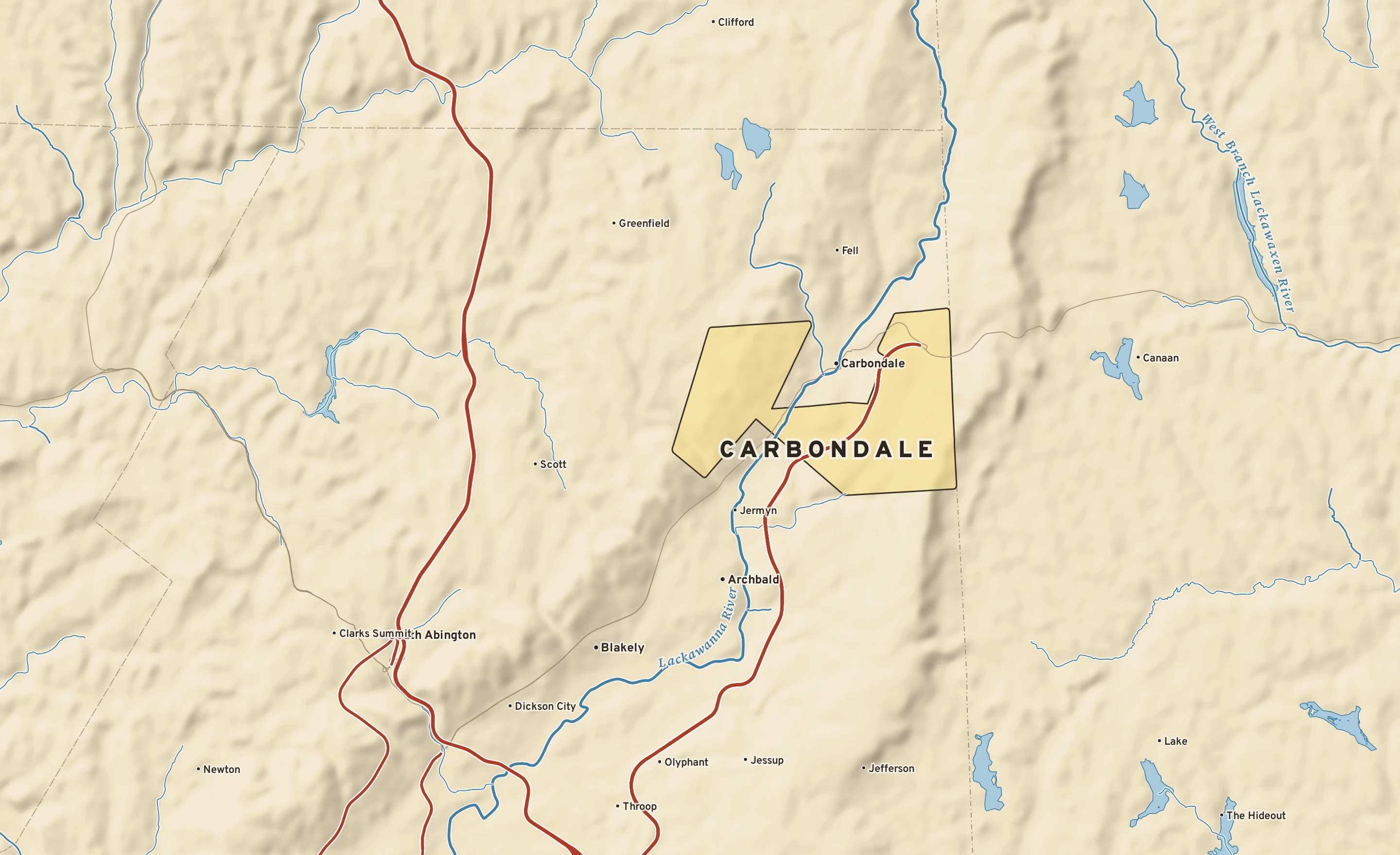 Shaded-relief atlas plate of Carbondale, Pennsylvania: rivers, roads, the city limits and where the water drains.