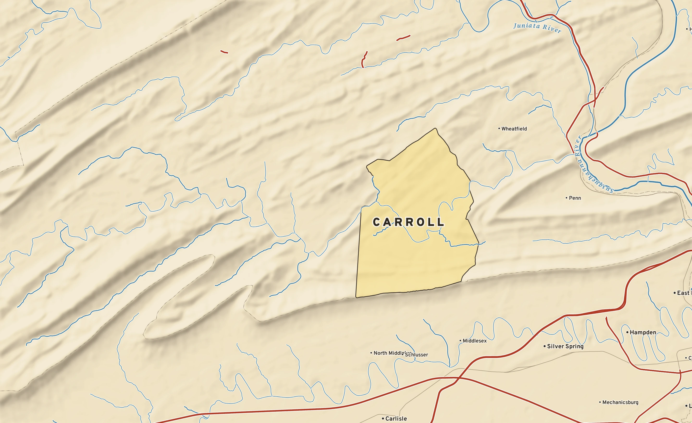 Shaded-relief atlas plate of Carroll, Pennsylvania: rivers, roads, the city limits and where the water drains.