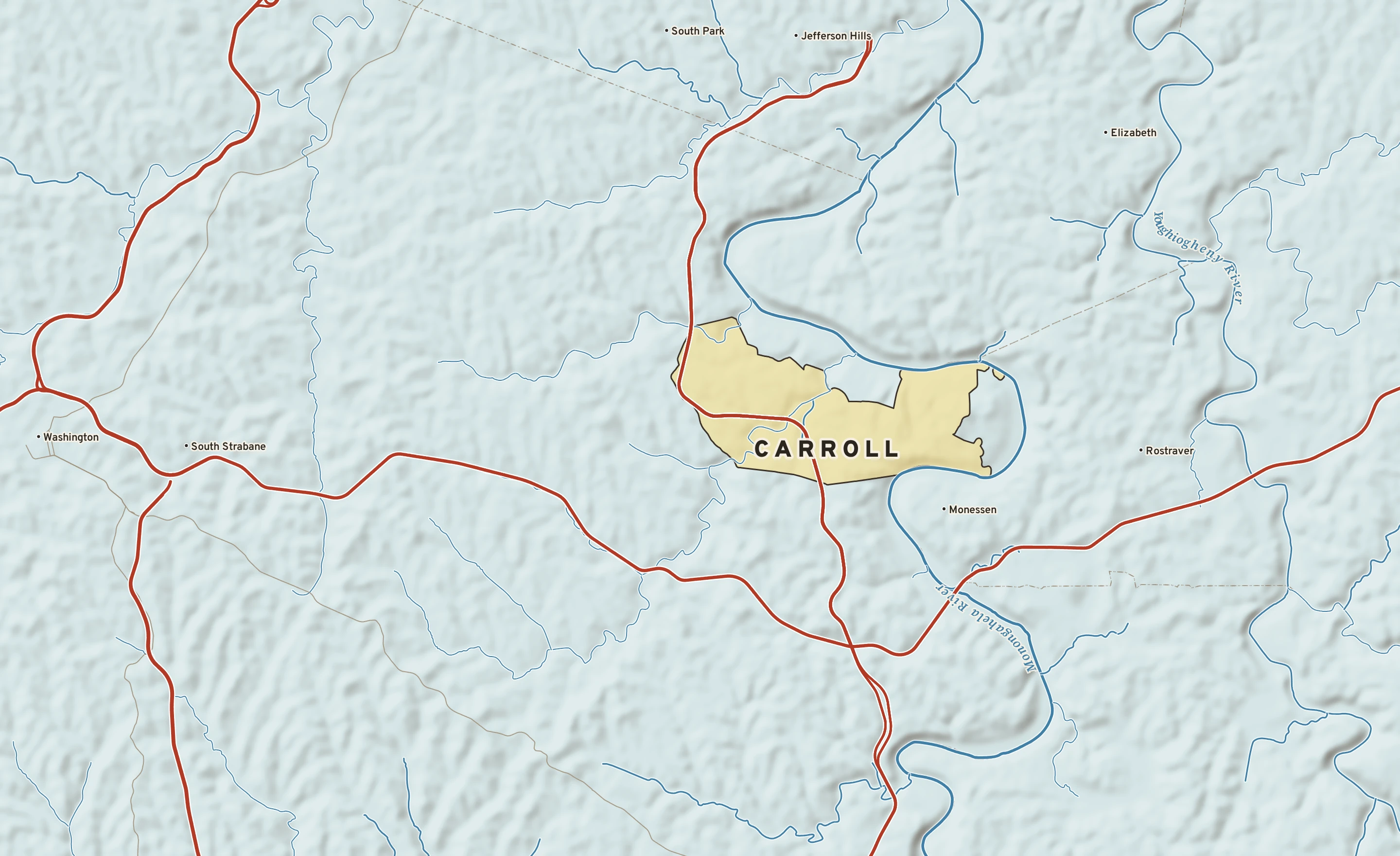 Shaded-relief atlas plate of Carroll, Pennsylvania: rivers, roads, the city limits and where the water drains.