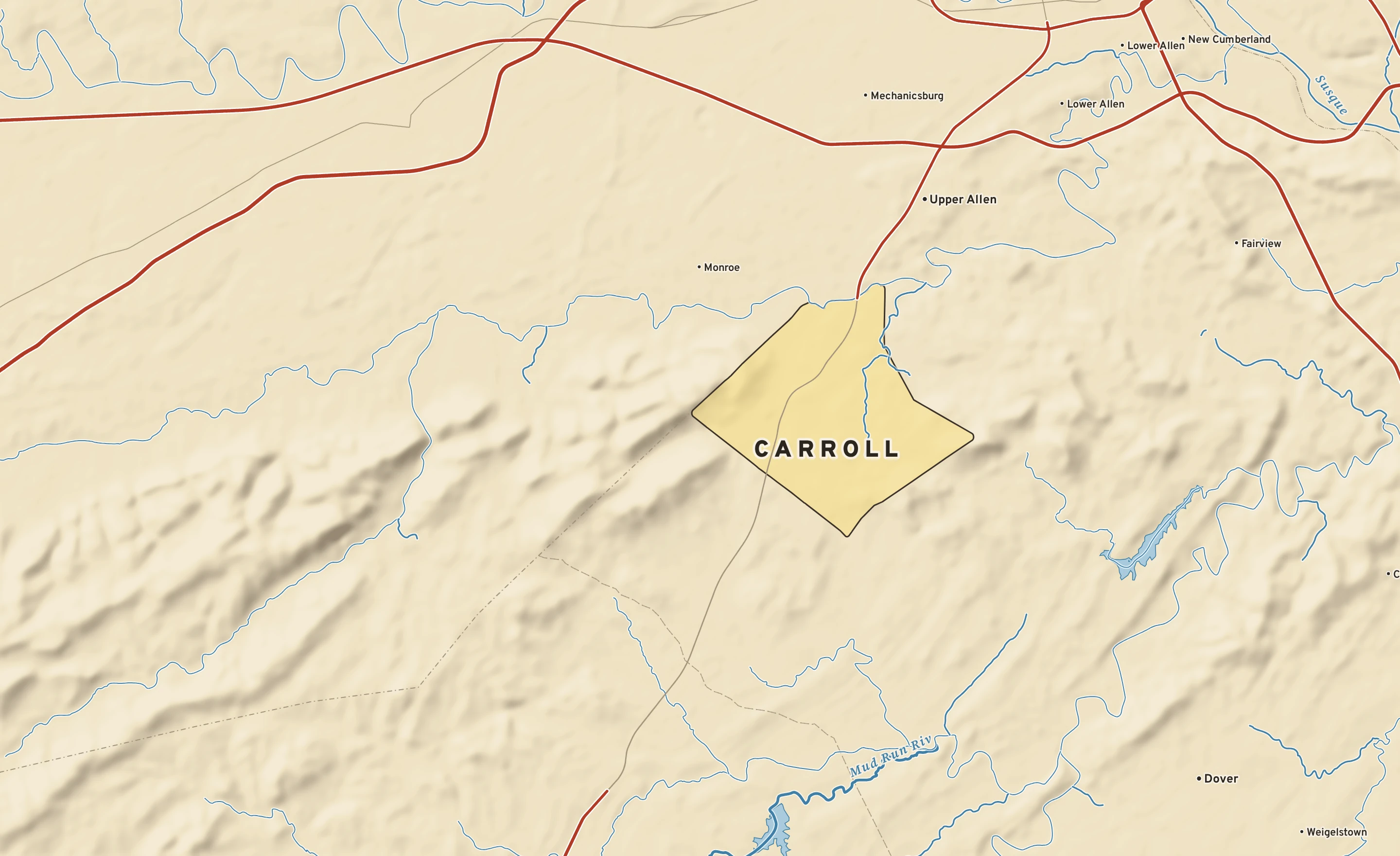 Shaded-relief atlas plate of Carroll, Pennsylvania: rivers, roads, the city limits and where the water drains.