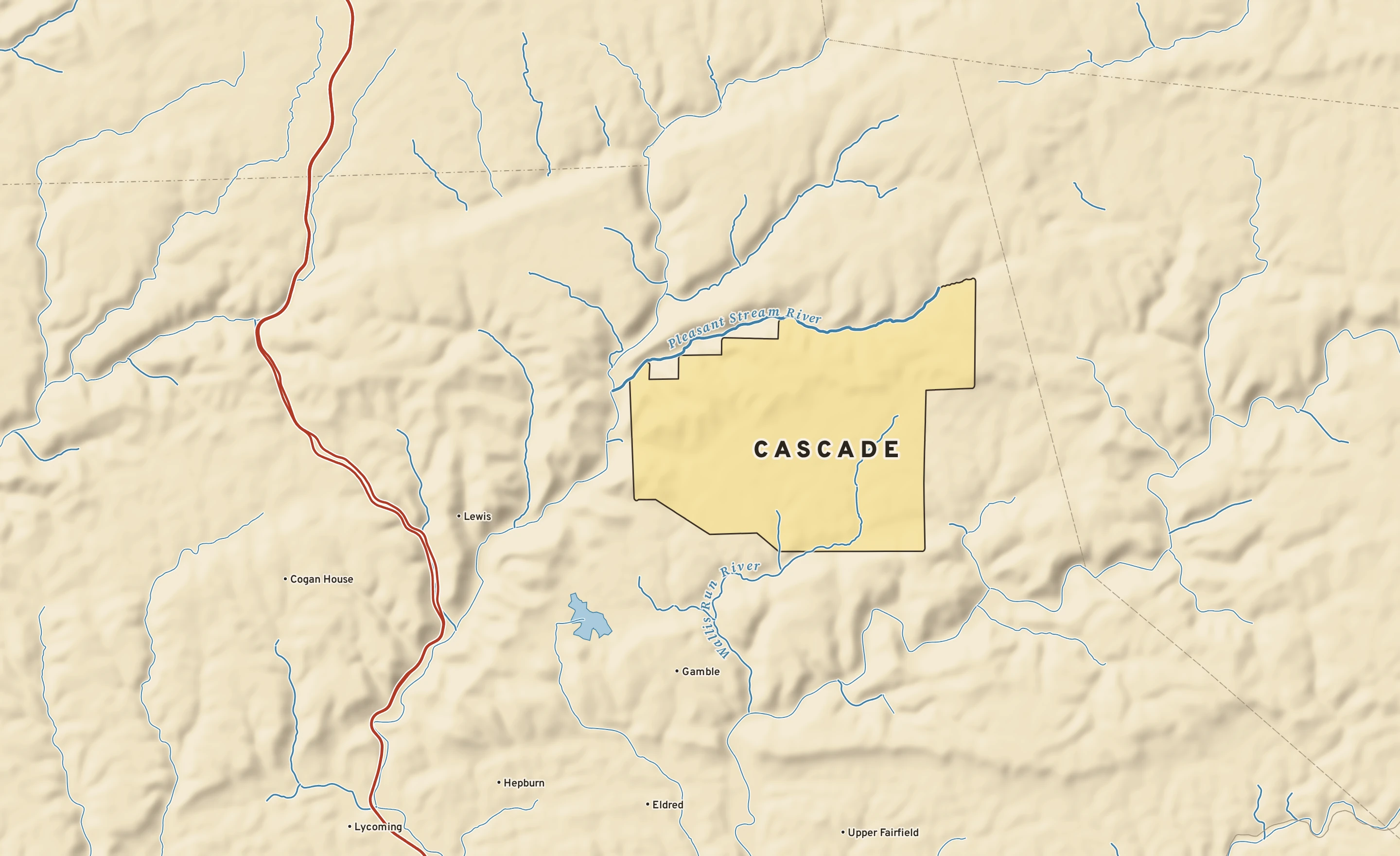 Shaded-relief atlas plate of Cascade, Pennsylvania: rivers, roads, the city limits and where the water drains.
