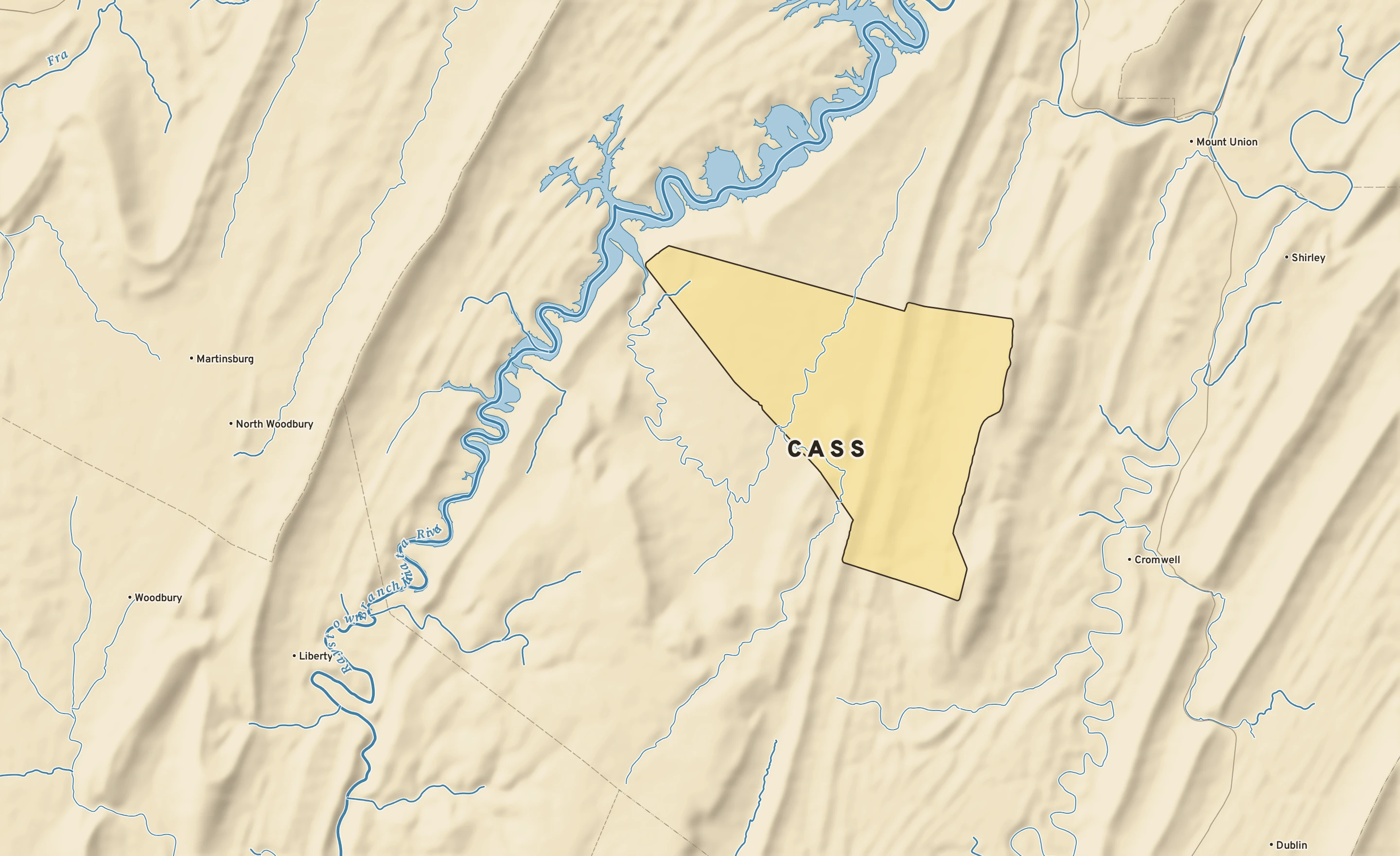 Shaded-relief atlas plate of Cass, Pennsylvania: rivers, roads, the city limits and where the water drains.