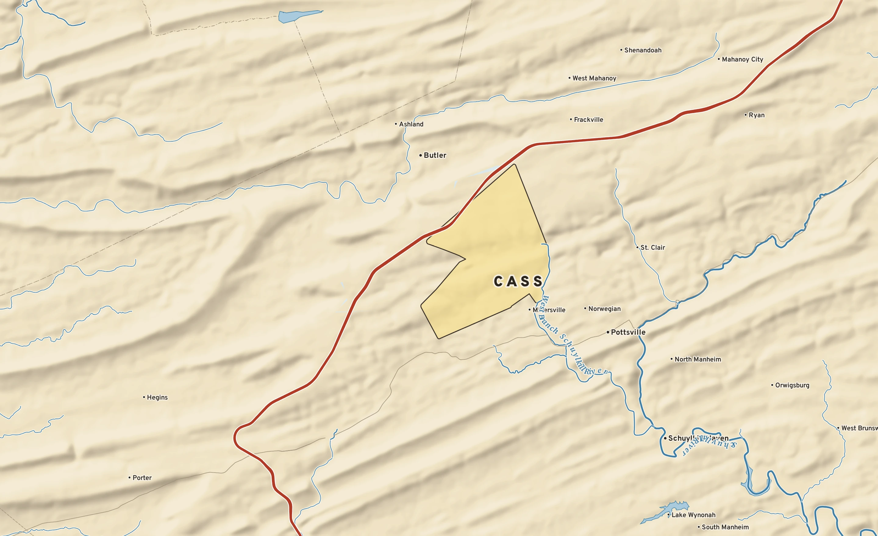 Shaded-relief atlas plate of Cass, Pennsylvania: rivers, roads, the city limits and where the water drains.