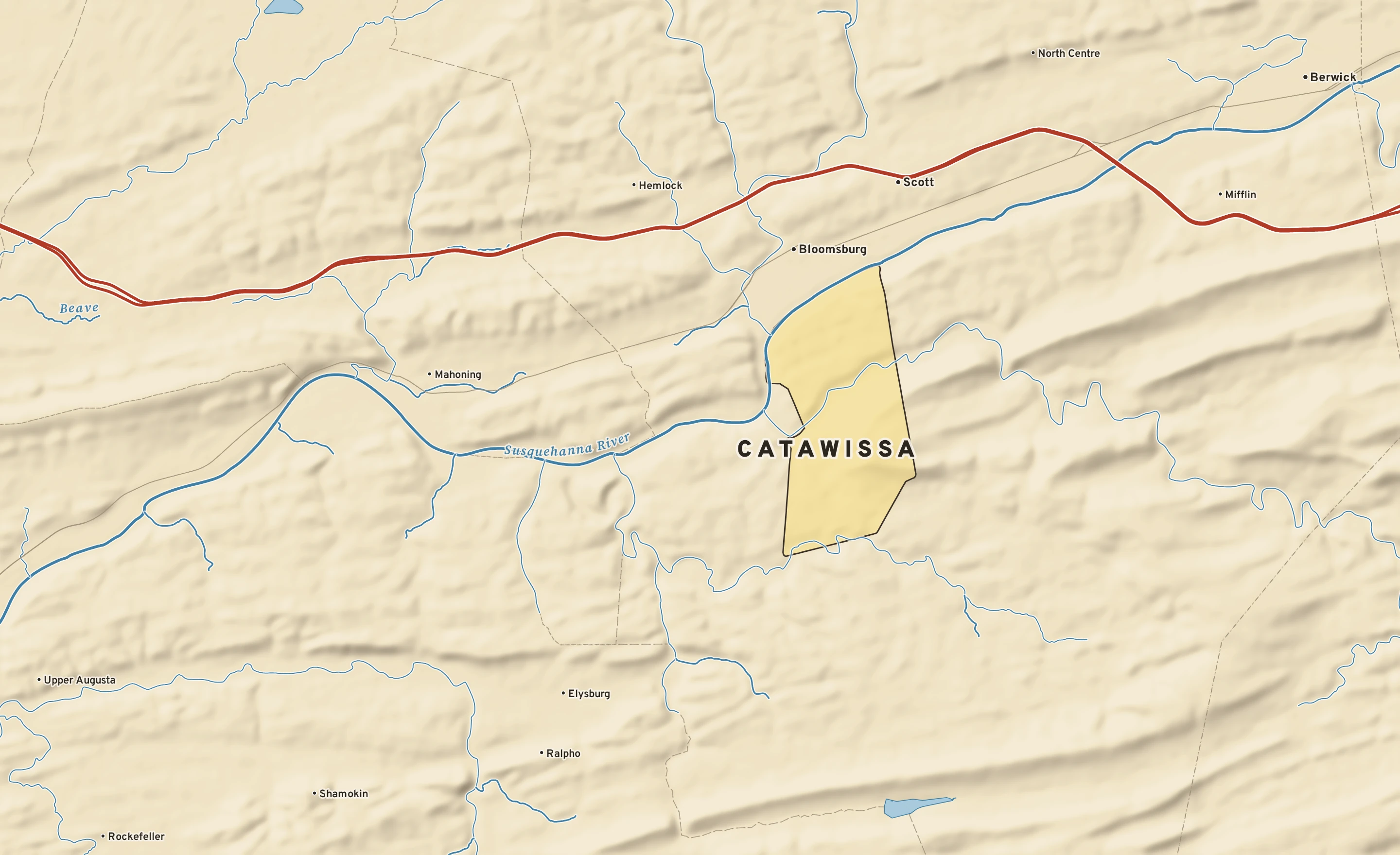 Shaded-relief atlas plate of Catawissa, Pennsylvania: rivers, roads, the city limits and where the water drains.