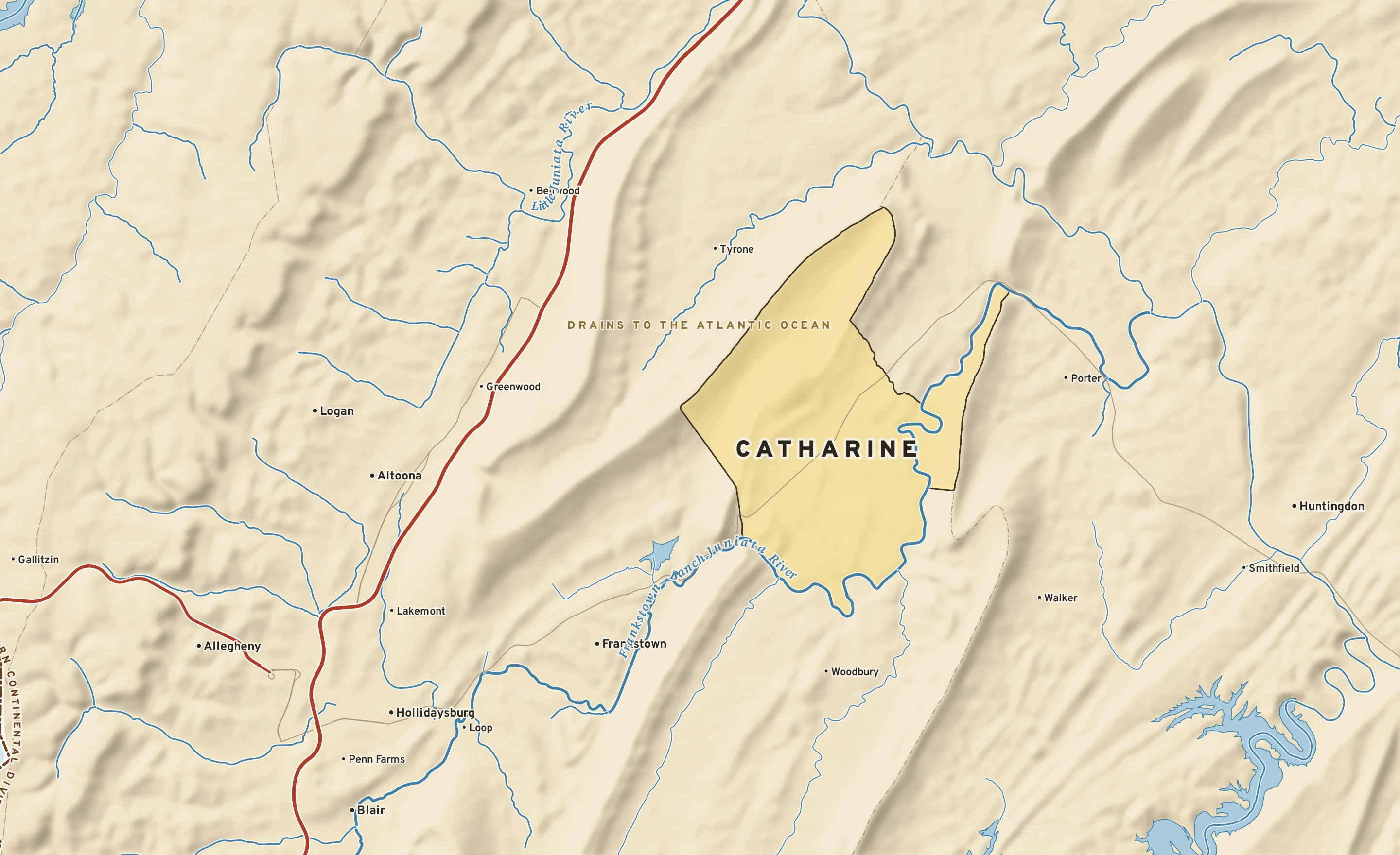Shaded-relief atlas plate of Catharine, Pennsylvania: rivers, roads, the city limits and where the water drains.