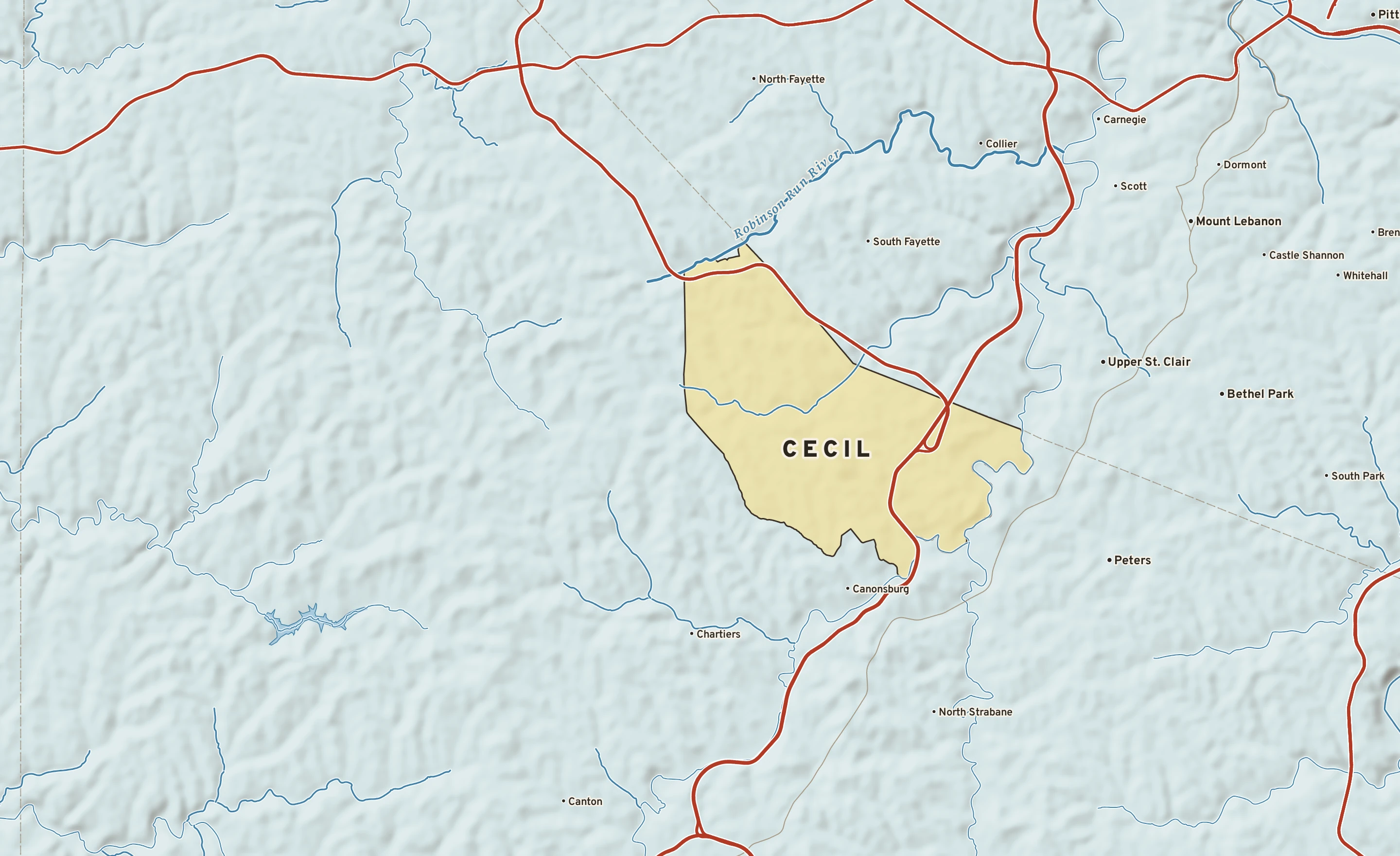 Shaded-relief atlas plate of Cecil, Pennsylvania: rivers, roads, the city limits and where the water drains.