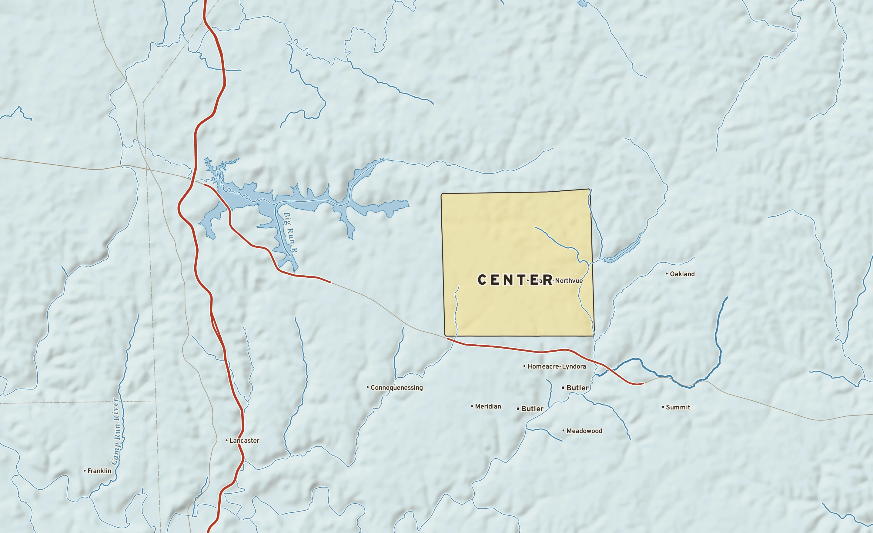 Shaded-relief atlas plate of Center, Pennsylvania: rivers, roads, the city limits and where the water drains.