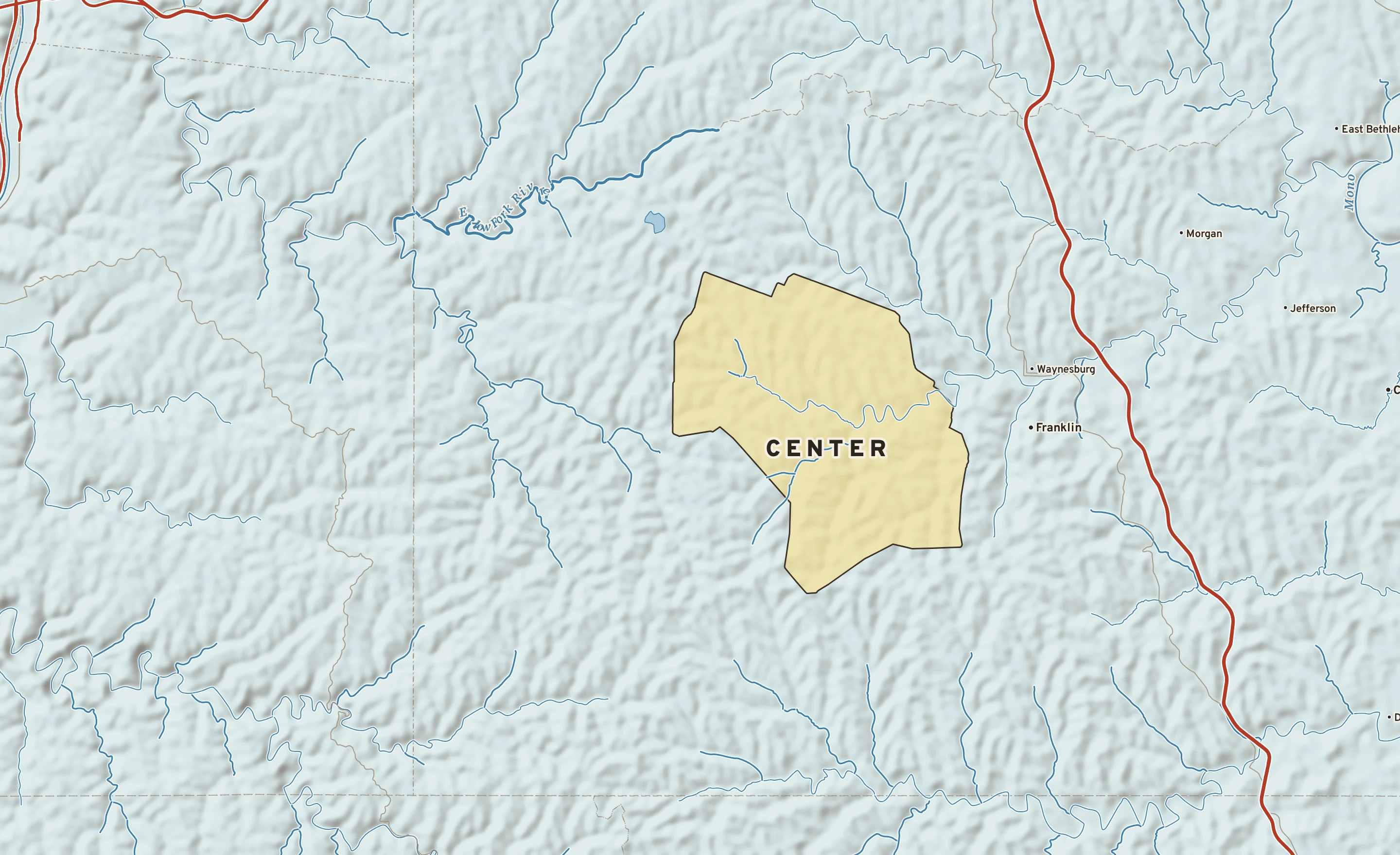 Shaded-relief atlas plate of Center, Pennsylvania: rivers, roads, the city limits and where the water drains.
