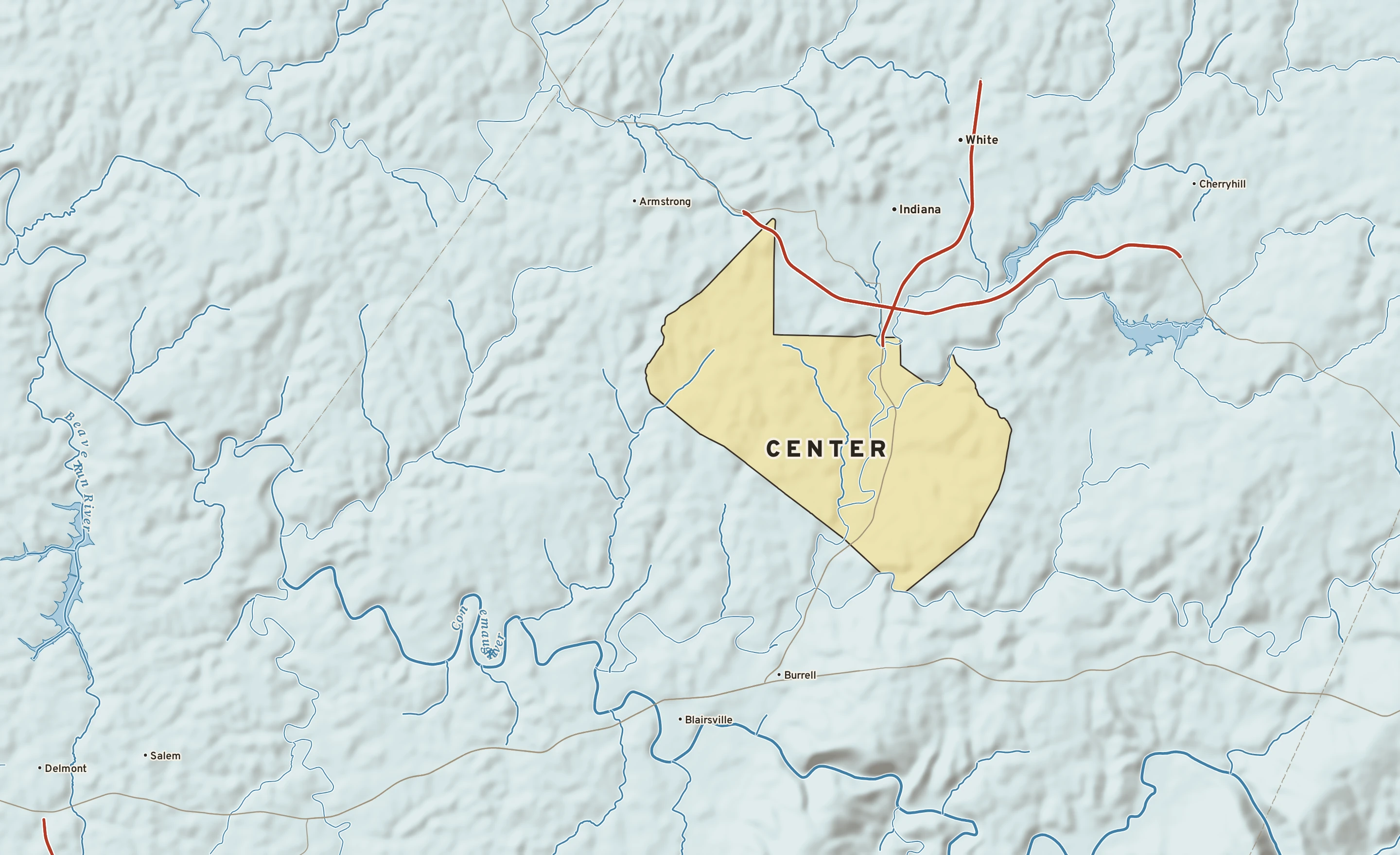 Shaded-relief atlas plate of Center, Pennsylvania: rivers, roads, the city limits and where the water drains.