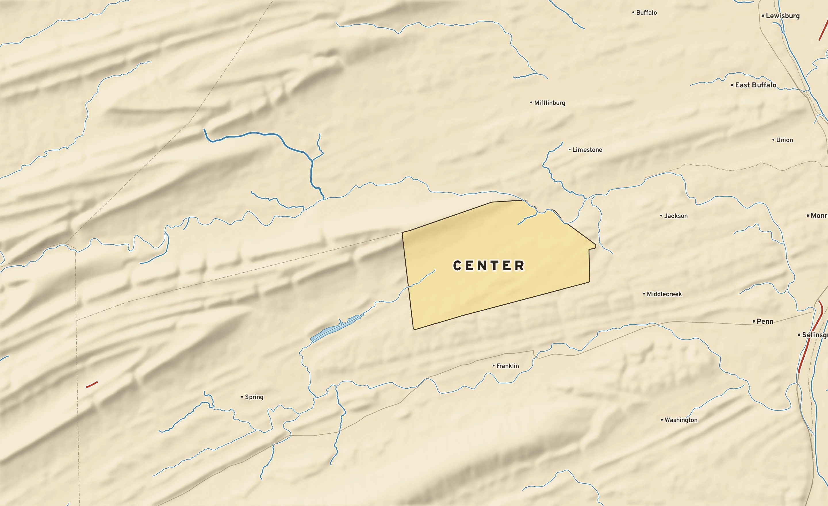 Shaded-relief atlas plate of Center, Pennsylvania: rivers, roads, the city limits and where the water drains.