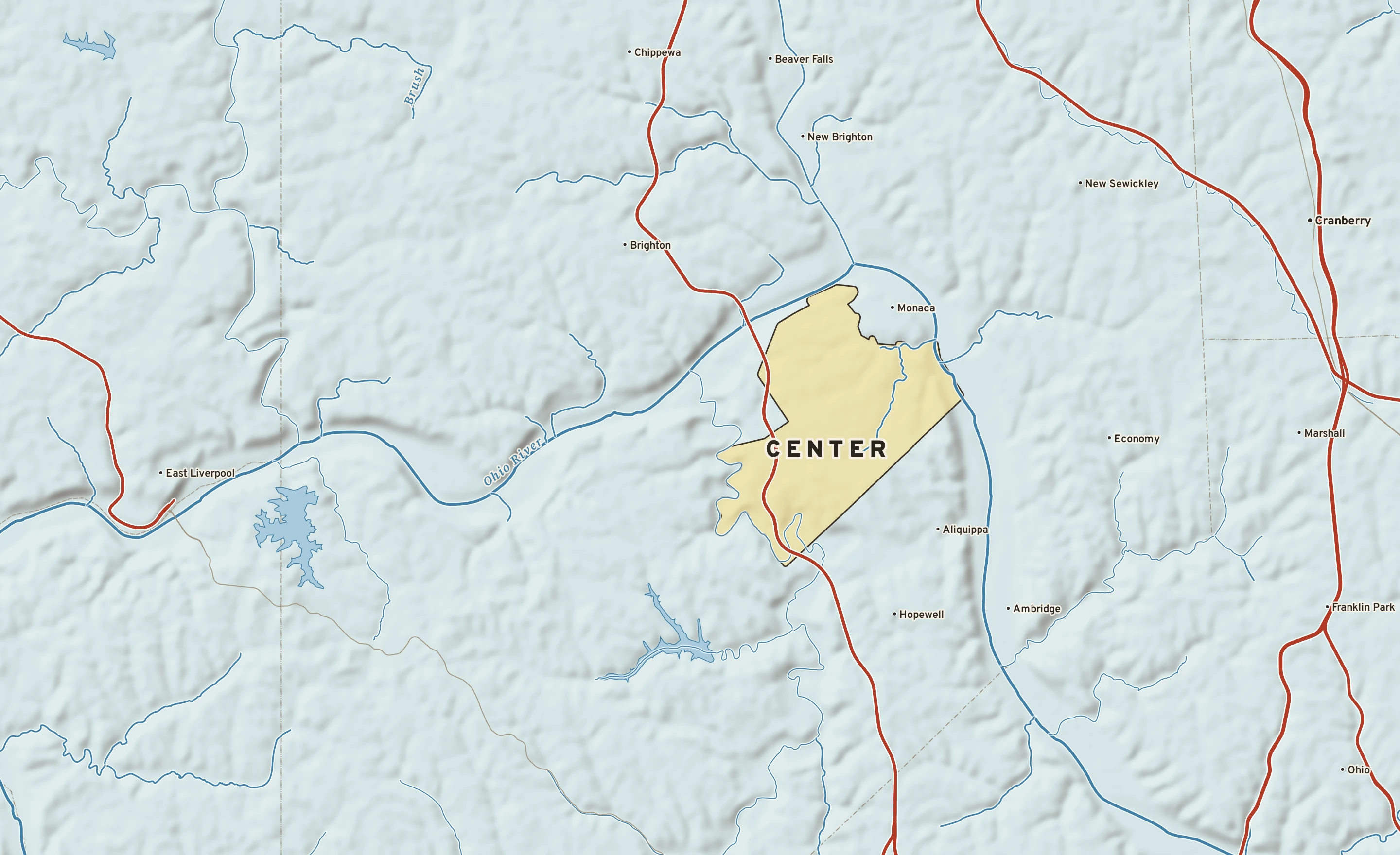 Shaded-relief atlas plate of Center, Pennsylvania: rivers, roads, the city limits and where the water drains.