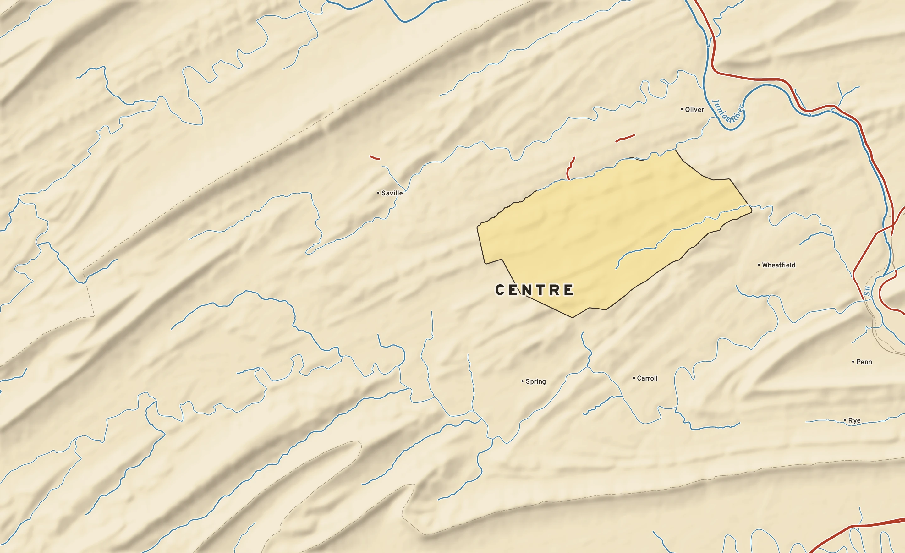 Shaded-relief atlas plate of Centre, Pennsylvania: rivers, roads, the city limits and where the water drains.