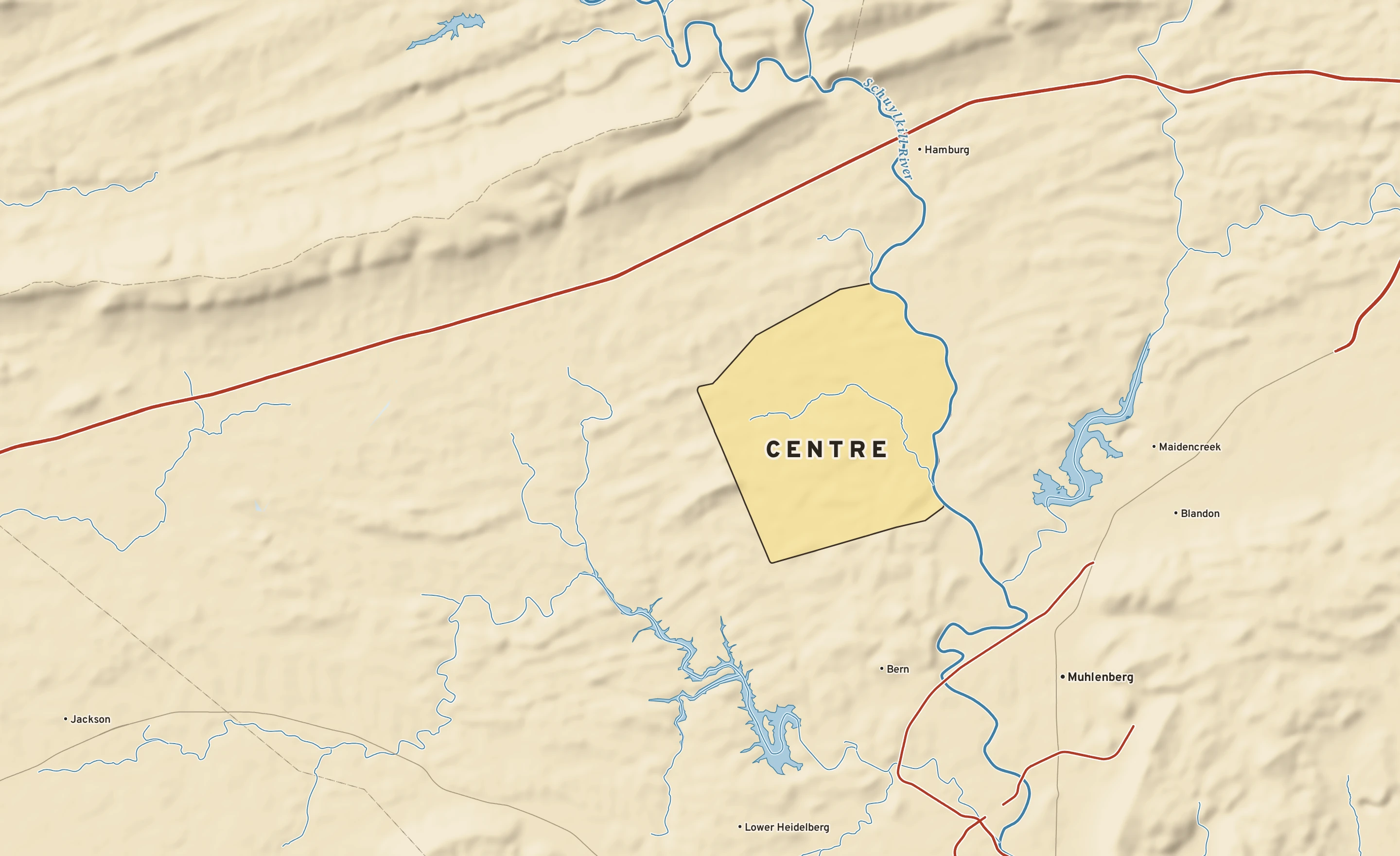 Shaded-relief atlas plate of Centre, Pennsylvania: rivers, roads, the city limits and where the water drains.