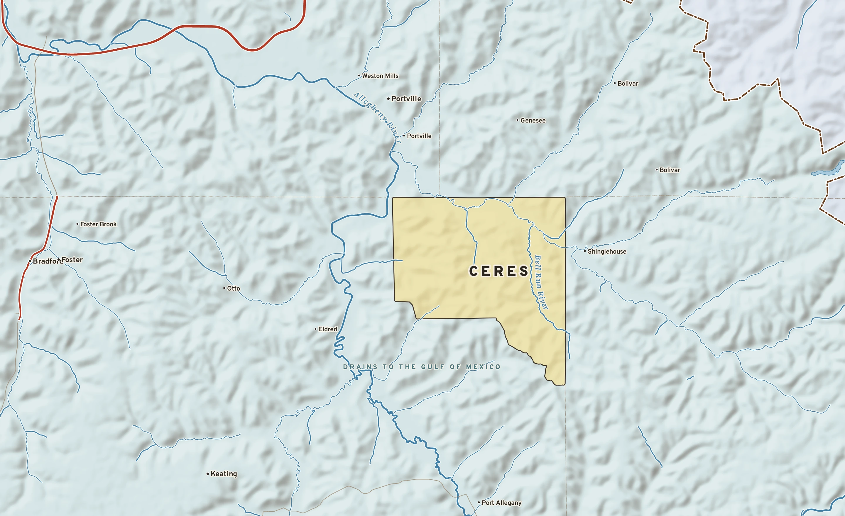 Shaded-relief atlas plate of Ceres, Pennsylvania: rivers, roads, the city limits and where the water drains.