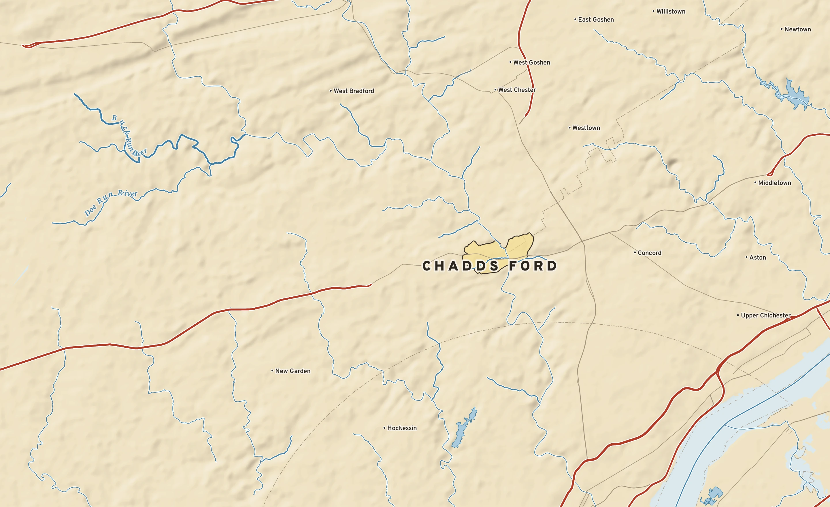 Shaded-relief atlas plate of Chadds Ford, Pennsylvania: rivers, roads, the city limits and where the water drains.