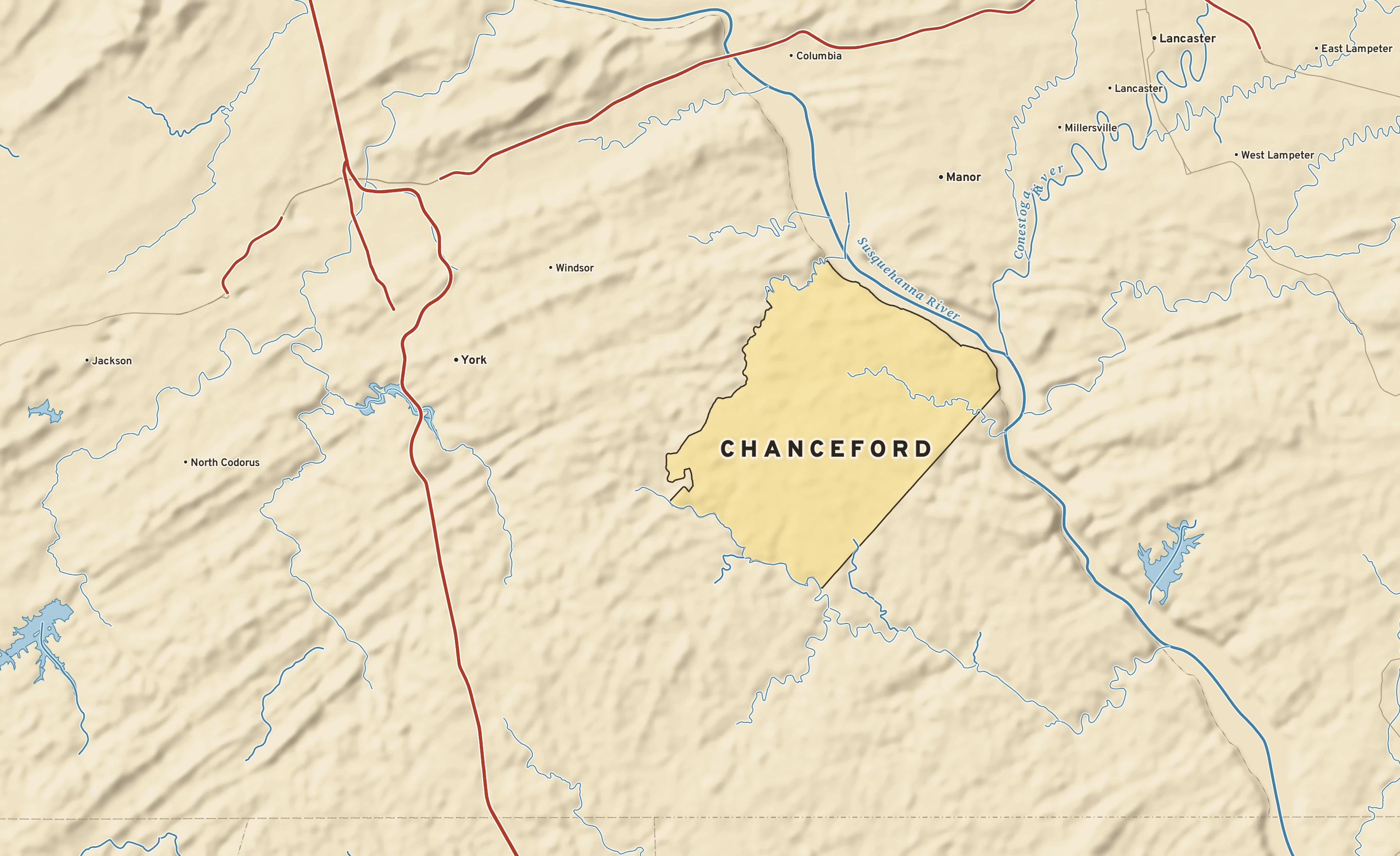 Shaded-relief atlas plate of Chanceford, Pennsylvania: rivers, roads, the city limits and where the water drains.