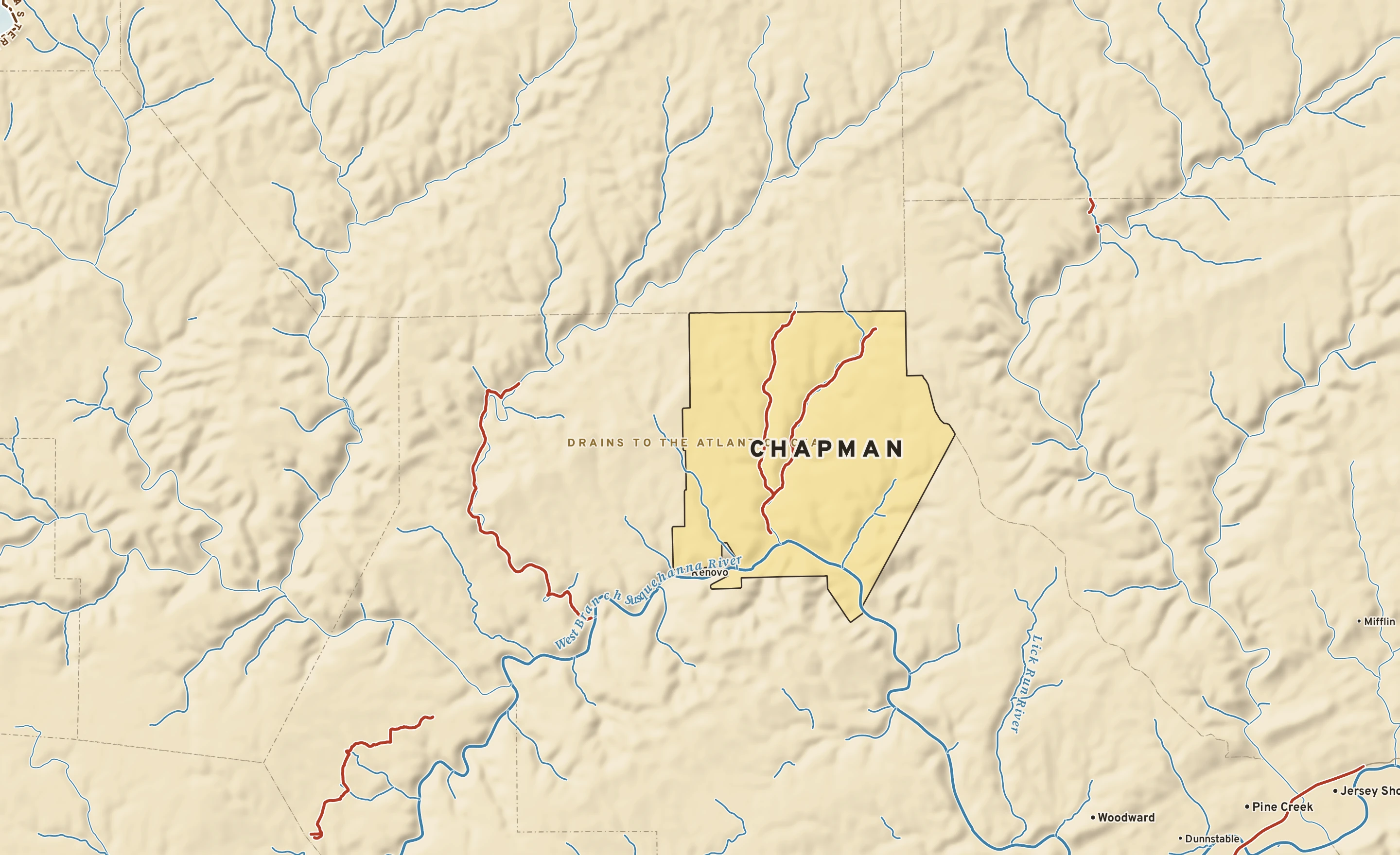 Shaded-relief atlas plate of Chapman, Pennsylvania: rivers, roads, the city limits and where the water drains.