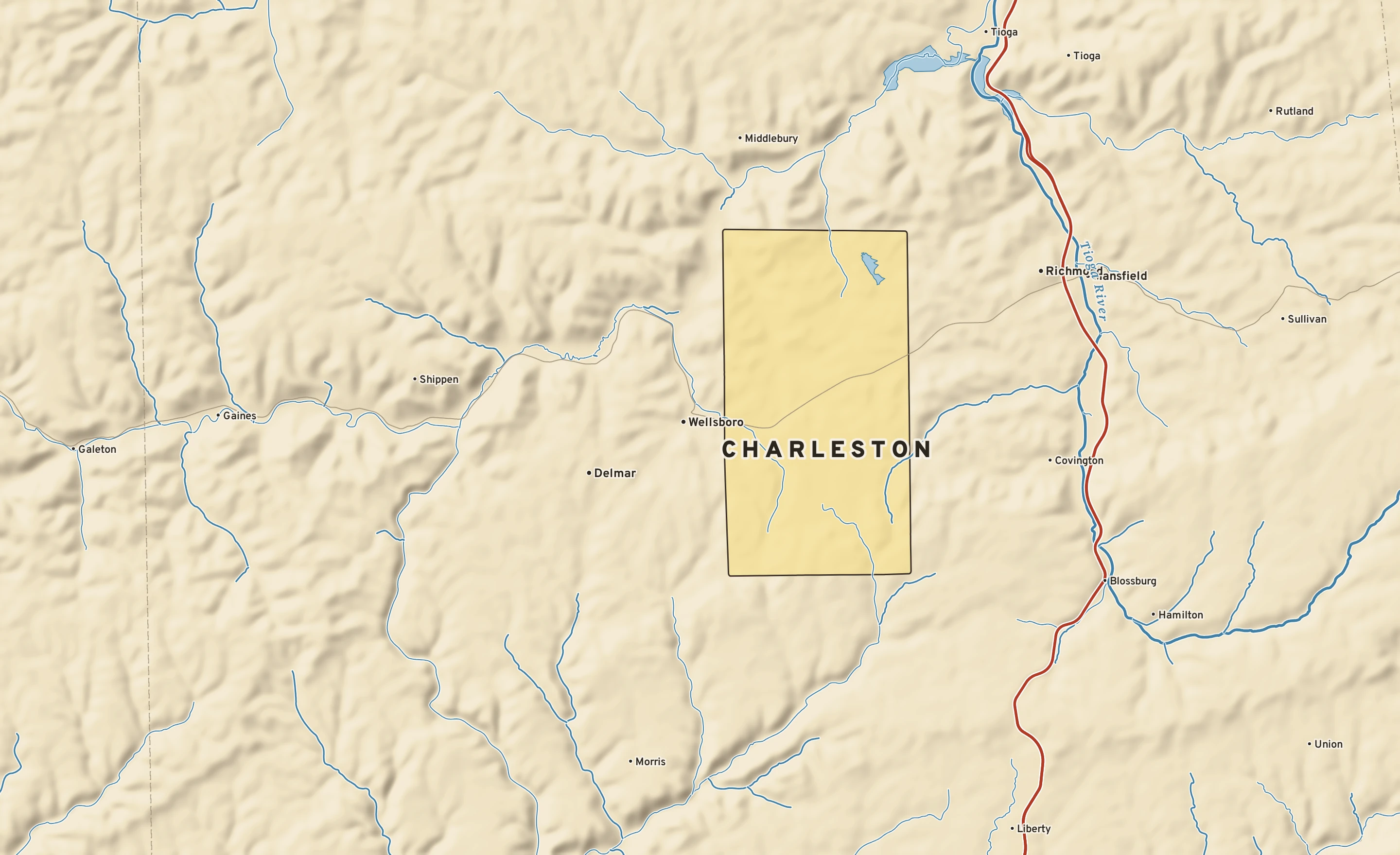 Shaded-relief atlas plate of Charleston, Pennsylvania: rivers, roads, the city limits and where the water drains.