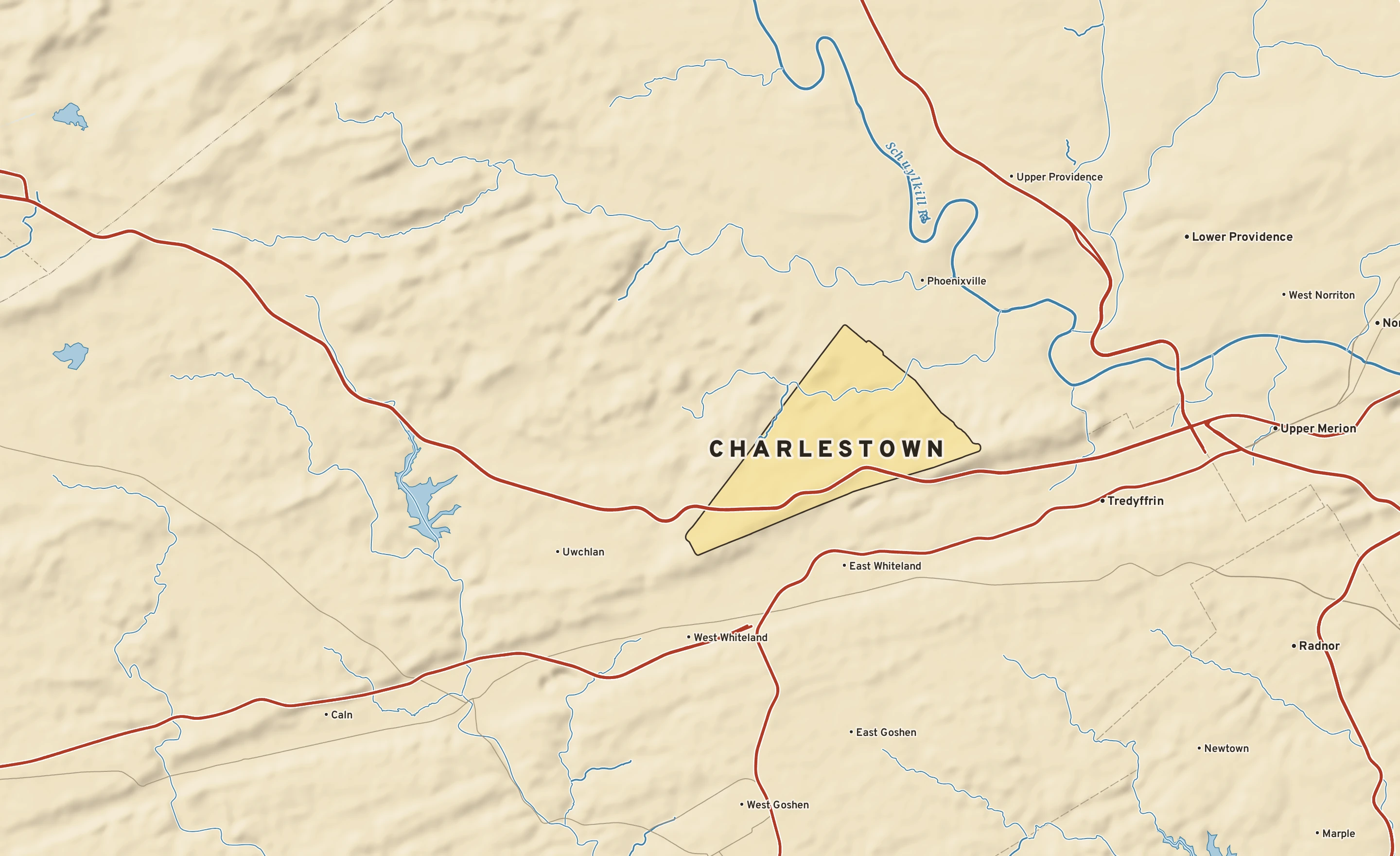Shaded-relief atlas plate of Charlestown, Pennsylvania: rivers, roads, the city limits and where the water drains.