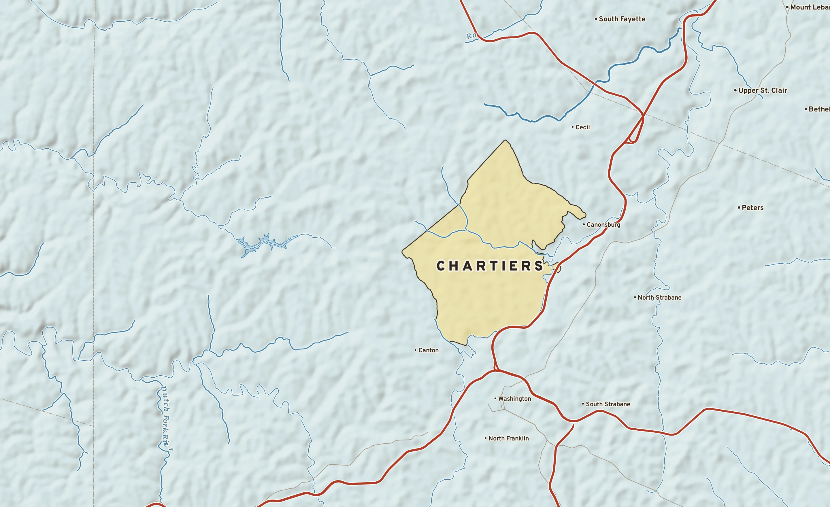 Shaded-relief atlas plate of Chartiers, Pennsylvania: rivers, roads, the city limits and where the water drains.
