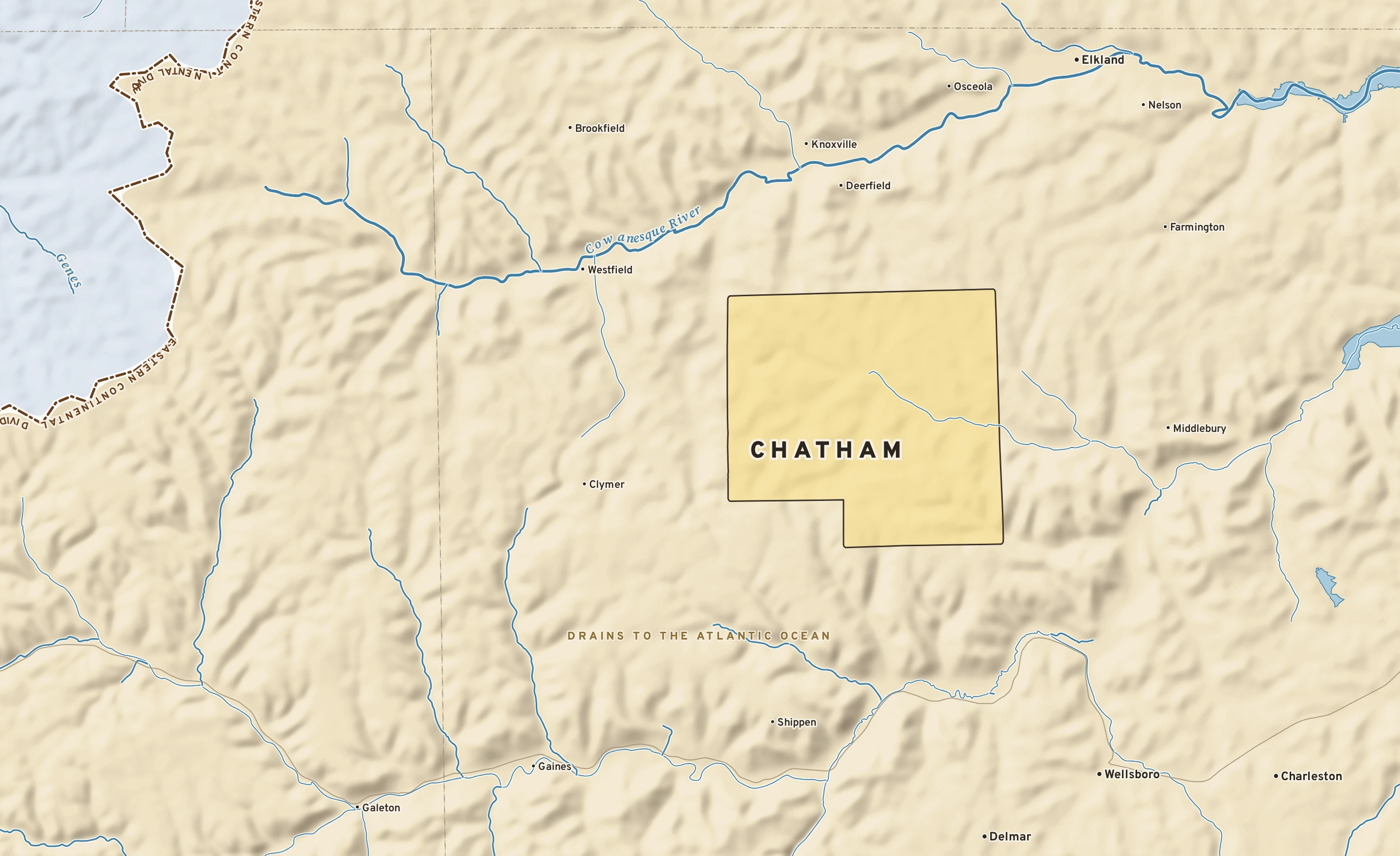 Shaded-relief atlas plate of Chatham, Pennsylvania: rivers, roads, the city limits and where the water drains.