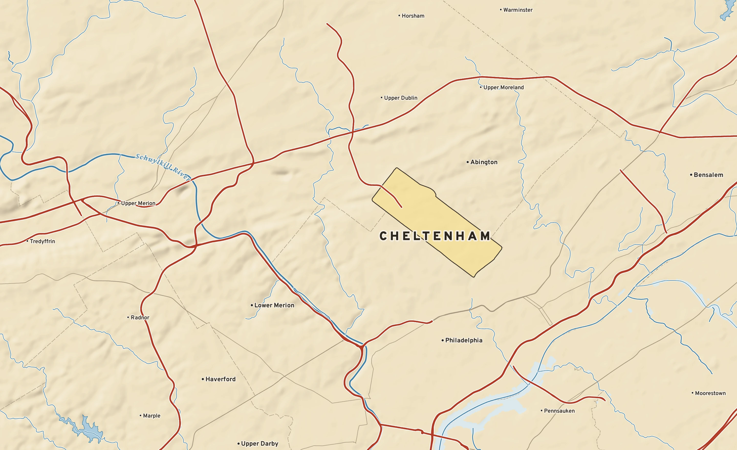 Shaded-relief atlas plate of Cheltenham, Pennsylvania: rivers, roads, the city limits and where the water drains.