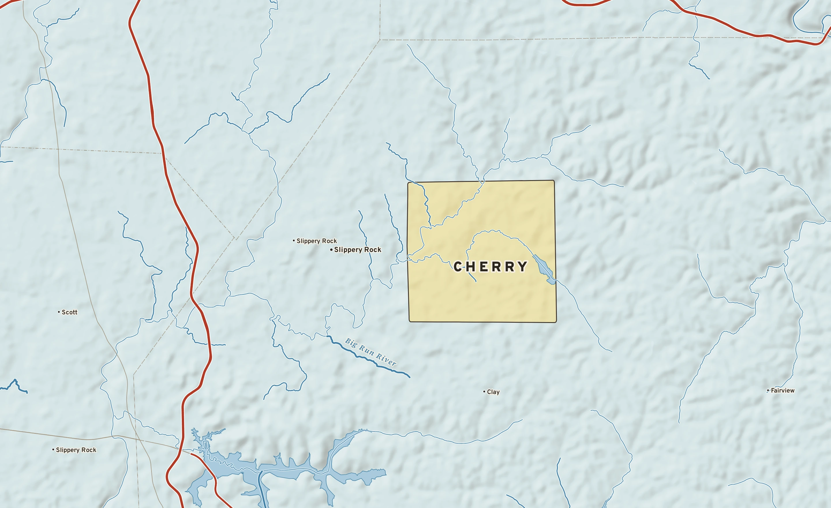 Shaded-relief atlas plate of Cherry, Pennsylvania: rivers, roads, the city limits and where the water drains.