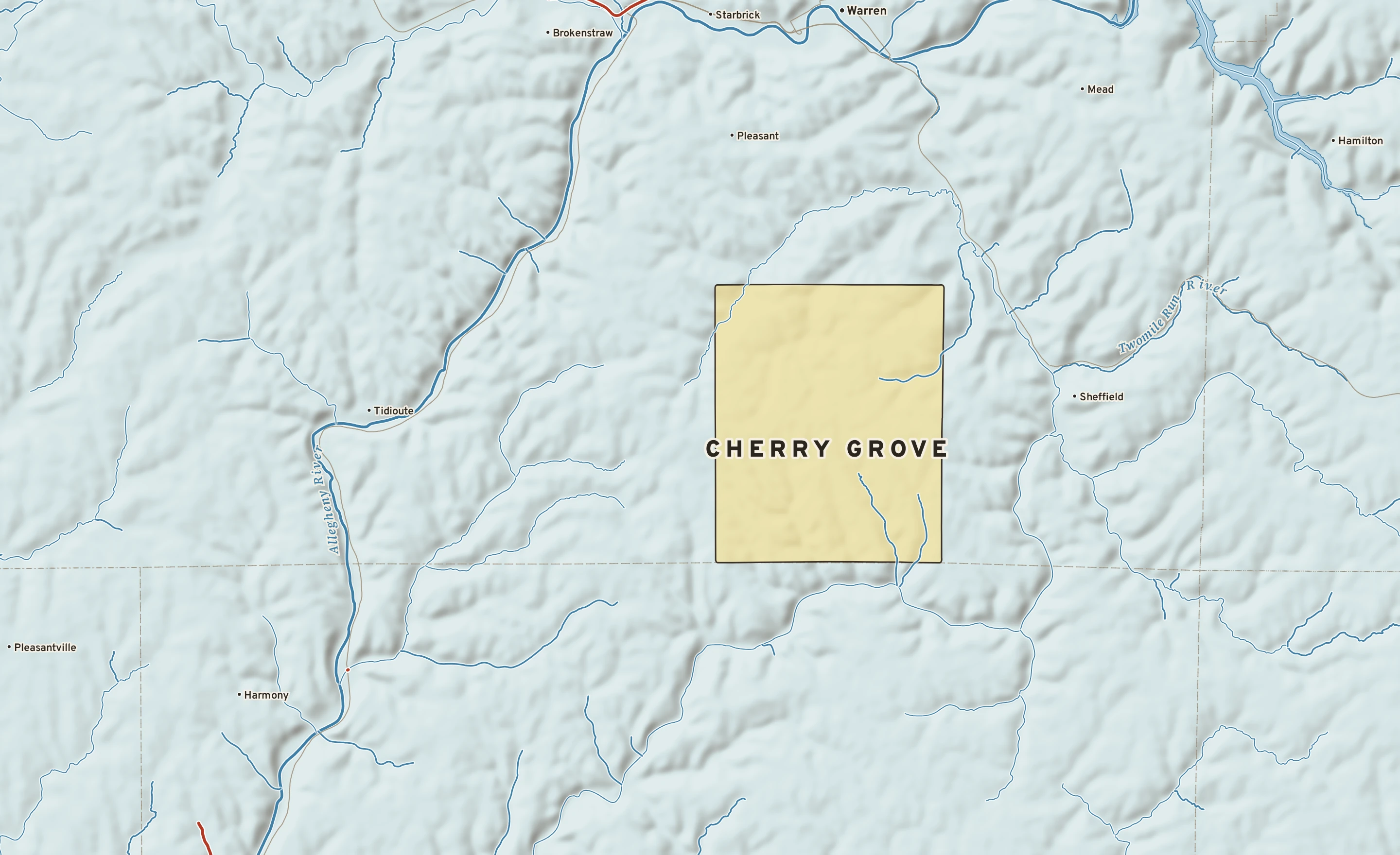 Shaded-relief atlas plate of Cherry Grove, Pennsylvania: rivers, roads, the city limits and where the water drains.