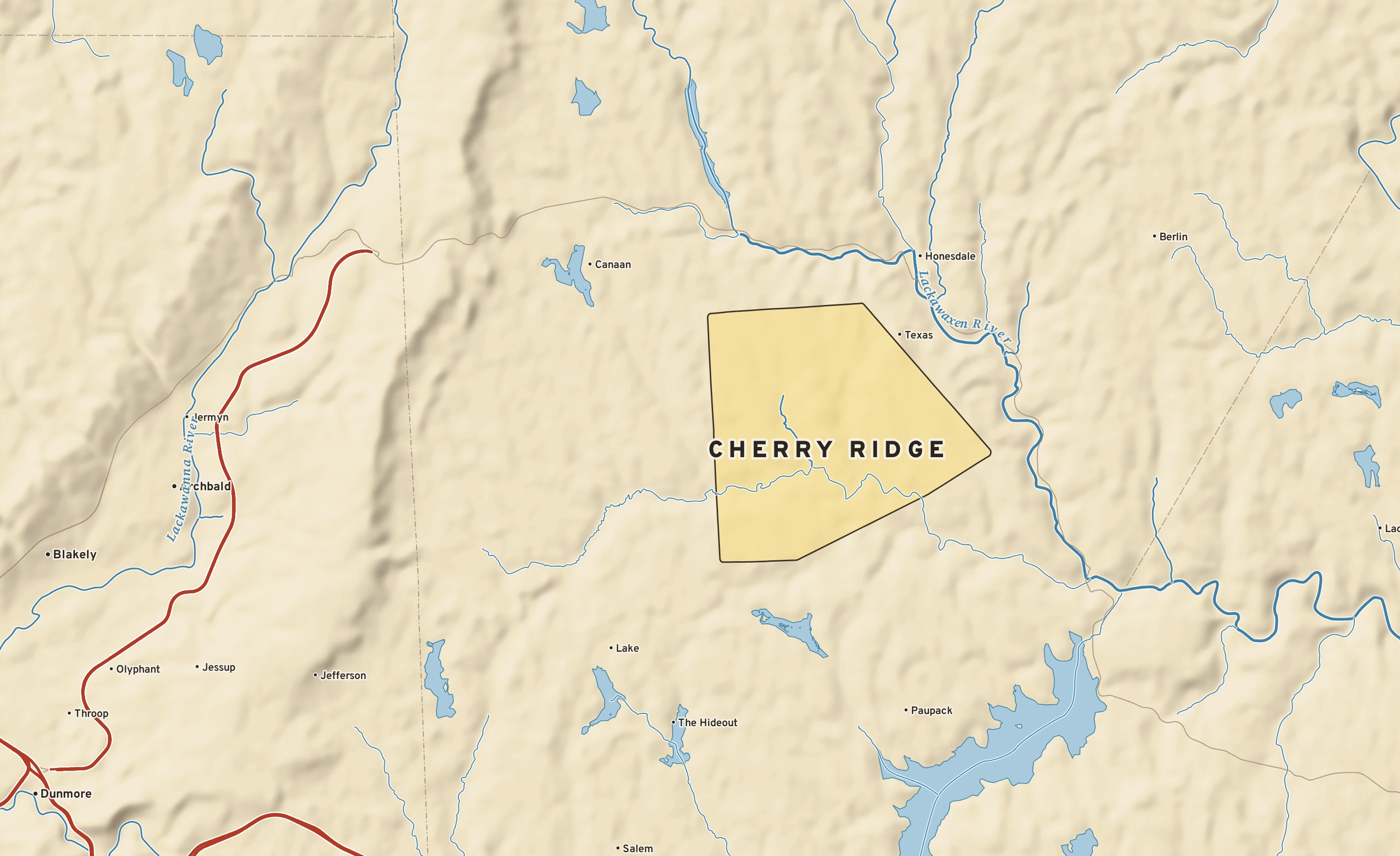 Shaded-relief atlas plate of Cherry Ridge, Pennsylvania: rivers, roads, the city limits and where the water drains.